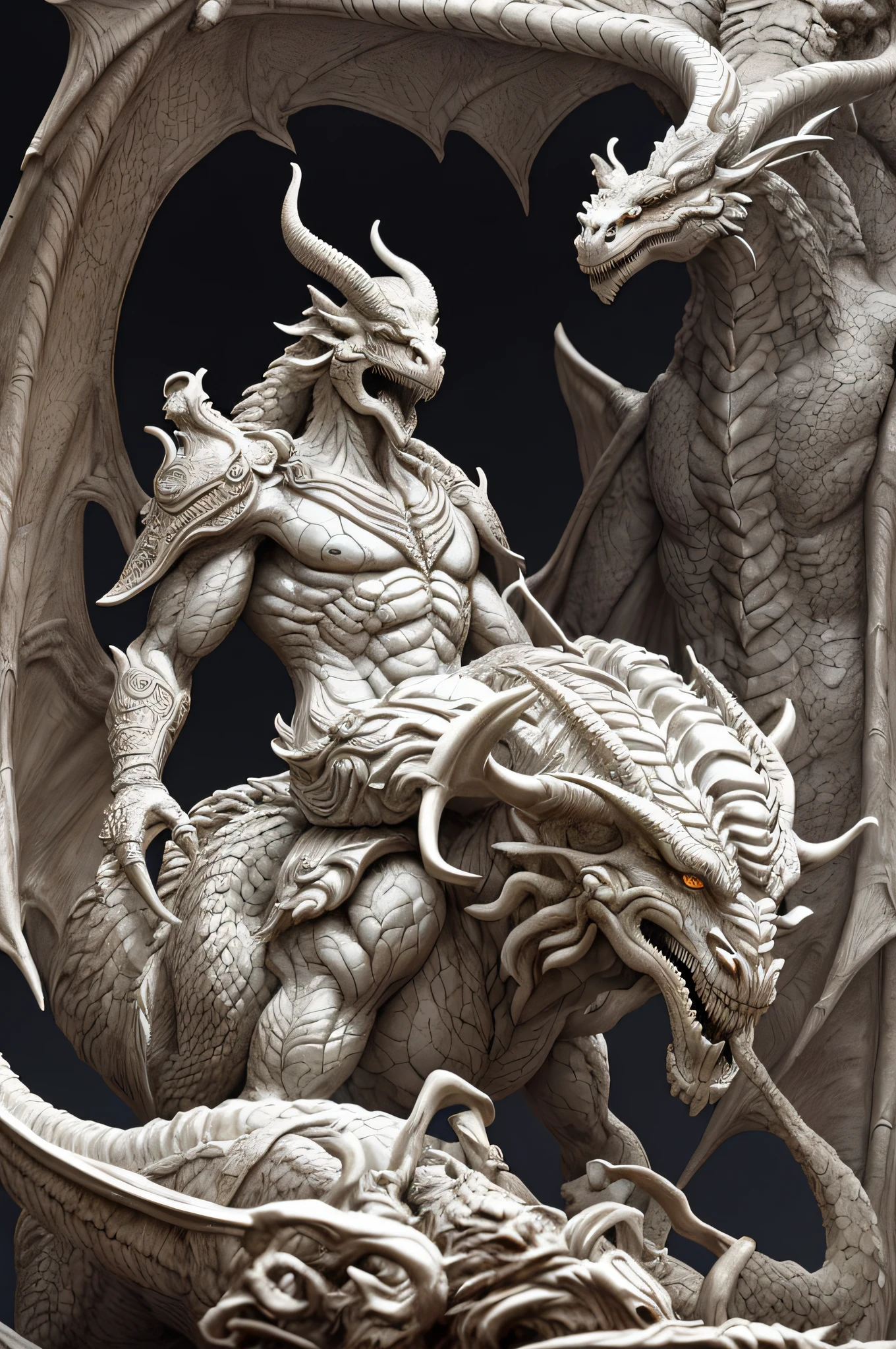 Close-up of a dragon statue stepping on a pile of skulls, beautiful male god of death, fit male demon with white horns, highly detailed sculpture, The devil stood up, resin statue, Overly detailed sculpture, cgi clay sculpture, hyper-detailed fantasy character, sculpted in zbrush, sculpture of moloch