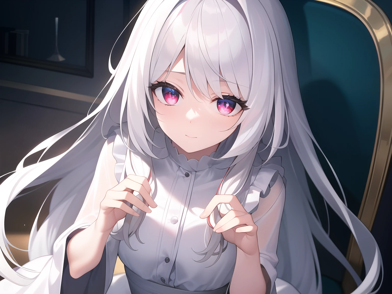 ((Masterpiece, Best quality))++, Detailed light+, Detail hair+, detail hand+ ,1girll, woman, Long hair, Crimson eyes, Beautiful eyes, Young gray hair,,(Beautiful white hair:1.5),(Beautiful detailed eyes), high resolution+, blacksilk , a black skirt, Glass tones, Reflective eyes, {{Angle}} , extremelydetailedwallpaper, Original, ,