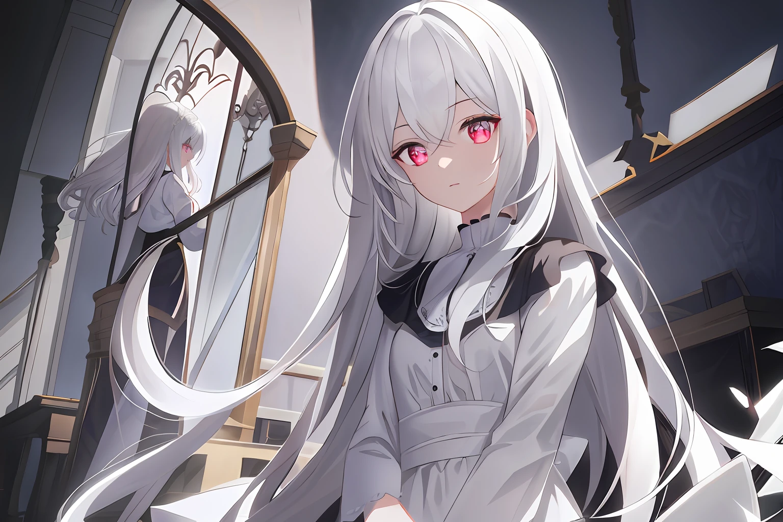 ((Masterpiece, Best quality))++, Detailed light+, Detail hair+, detail hand+ ,1girll, woman, Long hair, Crimson eyes, Beautiful eyes, Young gray hair,,(Beautiful white hair:1.5),(Beautiful detailed eyes), high resolution+, blacksilk , a black skirt, Glass tones, Reflective eyes, {{Angle}} , extremelydetailedwallpaper, Original, ,