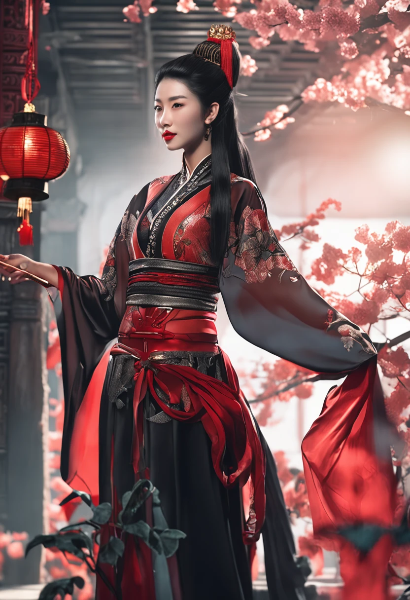 cyber punk perssonage，Taoist robes，cultivating immortals，water ink，High hills，self-assured，Fairy wind road bone，Blood flow in the background
