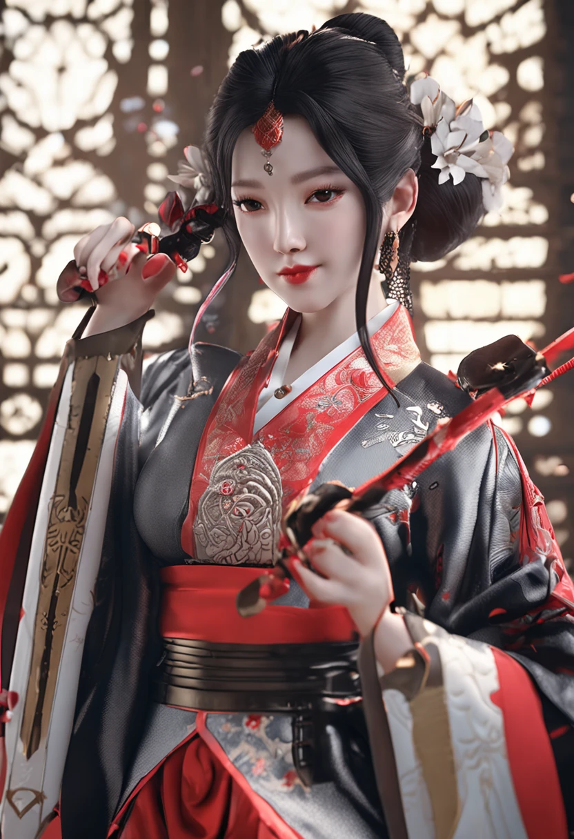 Black color hair,Royal Sister,Beautuful Women,big assa,Cocked buttocks,Wide hips,Hanfu beauty,Sword in hand,Raised sexy,Redlip,offcial art，Unity 8k wallpaper，ultra - detailed，Aesthetics，tmasterpiece，best qualtiy，realisticlying,Best quality，tmasterpiece，A high resolution，CG,illuminating，Frankness，photore，A high resolution，4K，8K，Bokeh