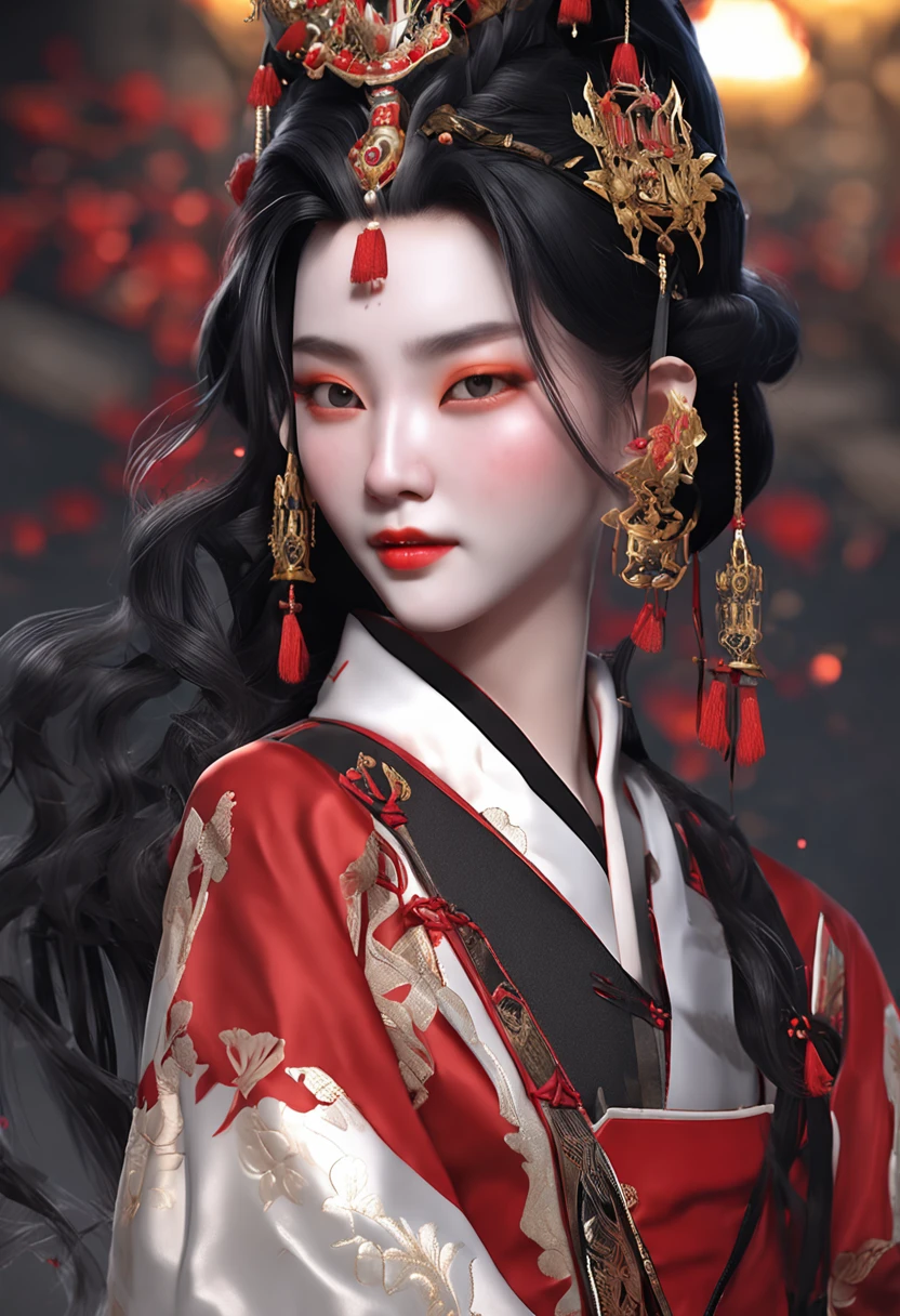 Black color hair,Royal Sister,Beautuful Women,big assa,Cocked buttocks,Wide hips,Hanfu beauty,Sword in hand,Raised sexy,Redlip,offcial art，Unity 8k wallpaper，ultra - detailed，Aesthetics，tmasterpiece，best qualtiy，realisticlying,Best quality，tmasterpiece，A high resolution，CG,illuminating，Frankness，photore，A high resolution，4K，8K，Bokeh