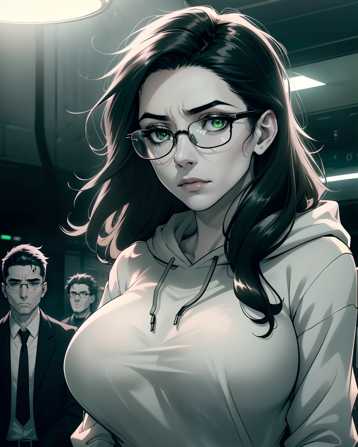 Best quality, volumetric lighting, cool ambient lighting, masterpiece, ultra high res, 4k, (soft round detailed face), (sad expression), detailed green eyes with dark circles, depressed, melancholy, (very pale light skin), detailed black hair, ((long messy greasy hair)), (wearing rounded glasses), unwashed, unkempt, disheveled, dark grey hoodie, London Underground station
