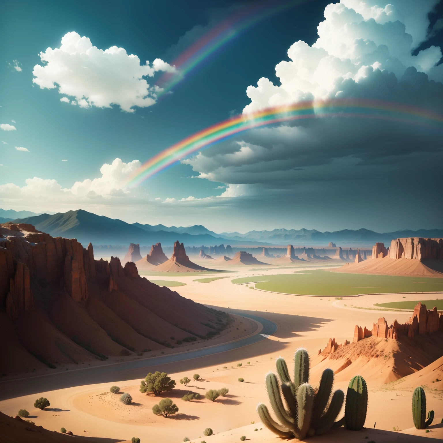 Mountains and mountains、A desert、cacti，View of poplar forest，Some vegetation is green and desolate，There is a rainbow in the distance