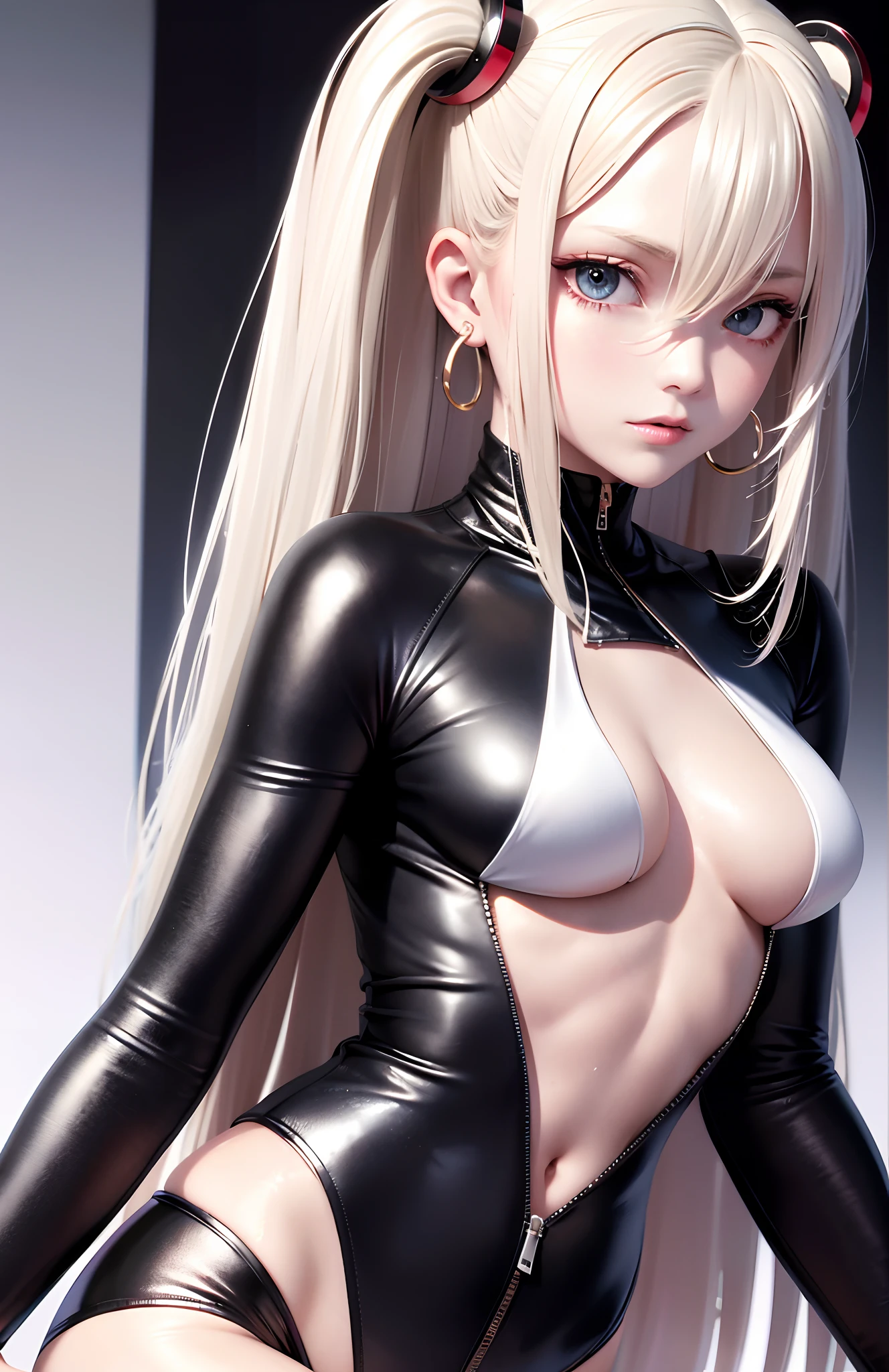optimum,tmasterpiece,A high resolution,best qualtiy,hyper HD,super detailing,Award-Awarded,16k,独奏,(The upper part of the body),anatomy correct,Beautiful cyberpunk girl,cute face,,Gradient Beige Hair,Hairline,((Scarlet eyes)),long eyelasher,Hanging eye corners,White skin of the,(small boobs),(Slim body),((Women's super short shawl leather jacket)),((bikesuit)),ear studs,(neck rings),(Laser material clothing:1.2)