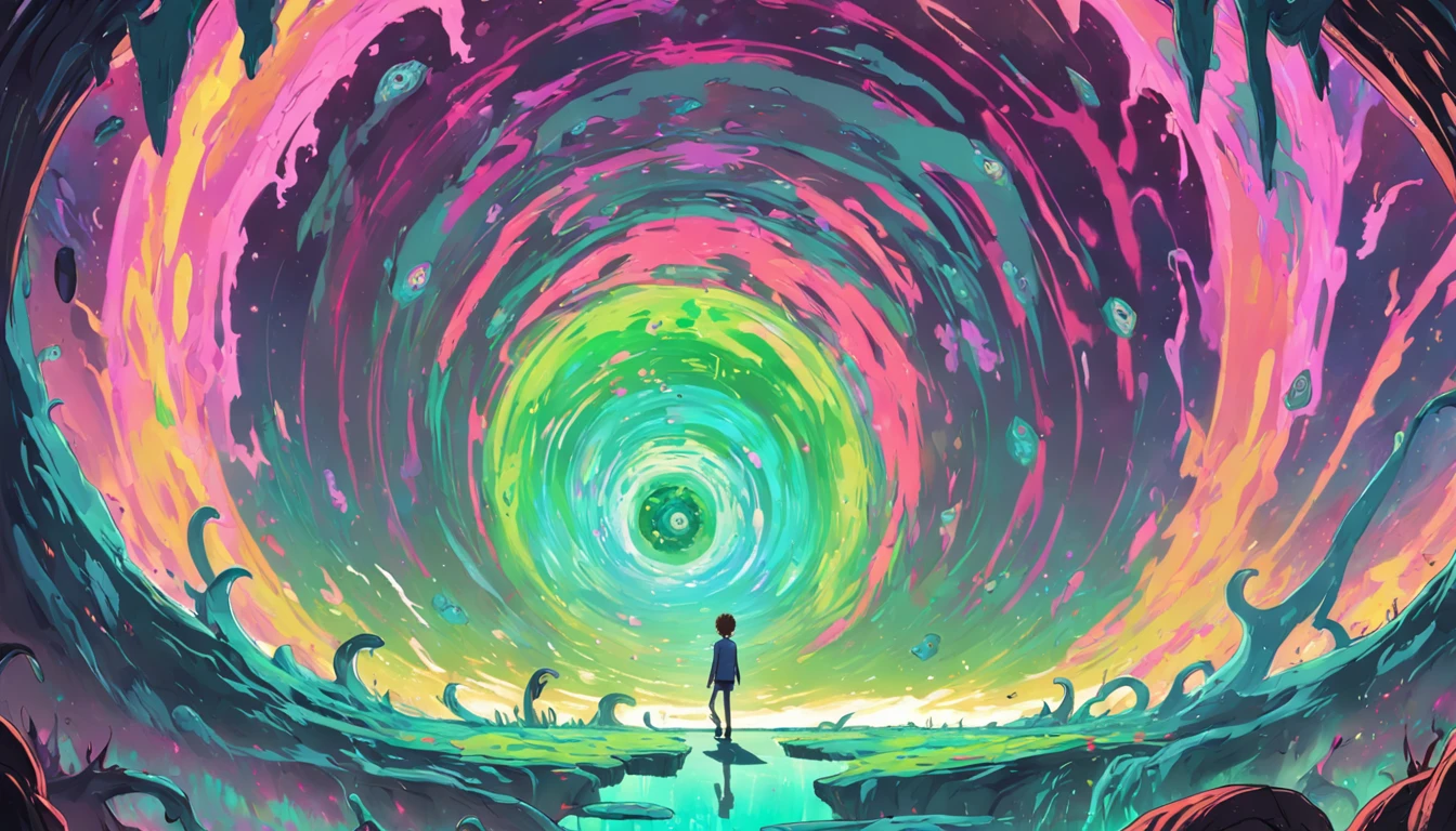 Scene from a strange dimension with distorted landscapes and vibrant colors. The camera focuses on Rick and Morty as they flee from bizarre creatures. They escape in a portal and arrive in a seemingly normal dimension.