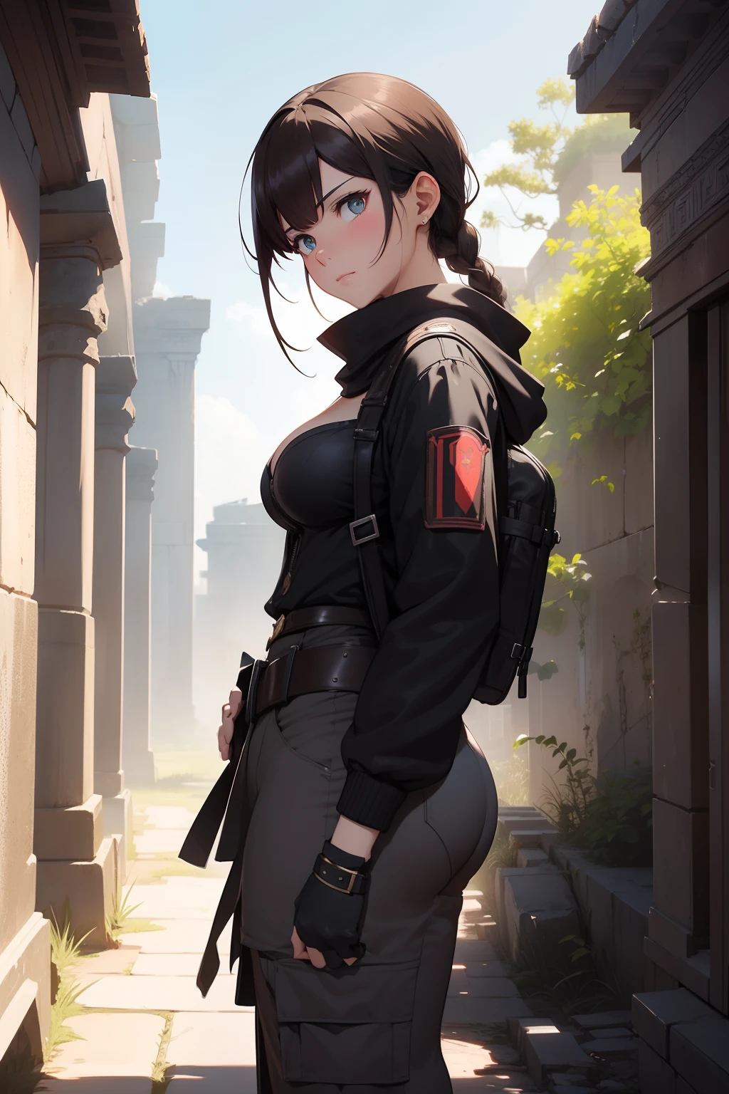 (masterpiece, best quality, 4k, photorealistic), ((close-up shot)), ((front view)), expressive eyes, perfect face, nice hands, 1 girl, earthy brown hair, large cleavage, long round legs, curvaceous body, booty, hairstyle: high ponytail with a braided section along the crown, black fitted combat jacket with hidden pockets, charcoal gray cargo pants, sleek black combat boots, fingerless black gloves, tactical belt with concealed compartments, accessories: silver studs and a black scarf, ((a background of ancient ruins or a forgotten temple could evoke a sense of adventure and mystery, highlighting the mercenary's exploratory nature)), extremely detailed Artgem, IG model, alena aenami and artgem, krenz cushart and artgem, artgem and atey ghailan