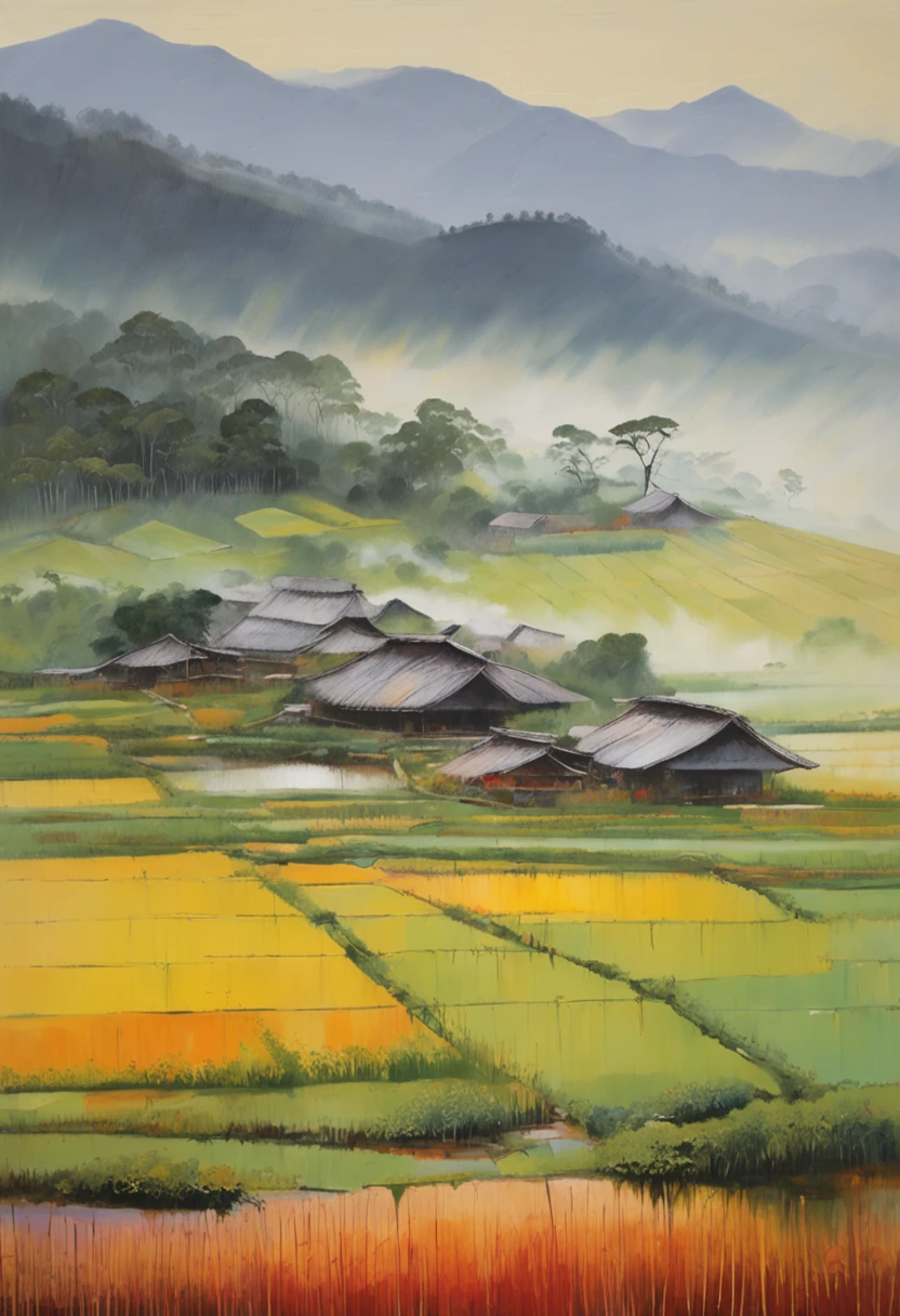 Large expanses of terraced fields, mountains, huts, with rice fields, rice fields, neat rice seedlings in the fields, misty rain, villages, agriculture, in the tranquil landscape, misty weather, in the vast tranquil landscape, in the early morning, in the morning mist, behind a small village, mist, Japanese countryside, thatched roofs --v 6