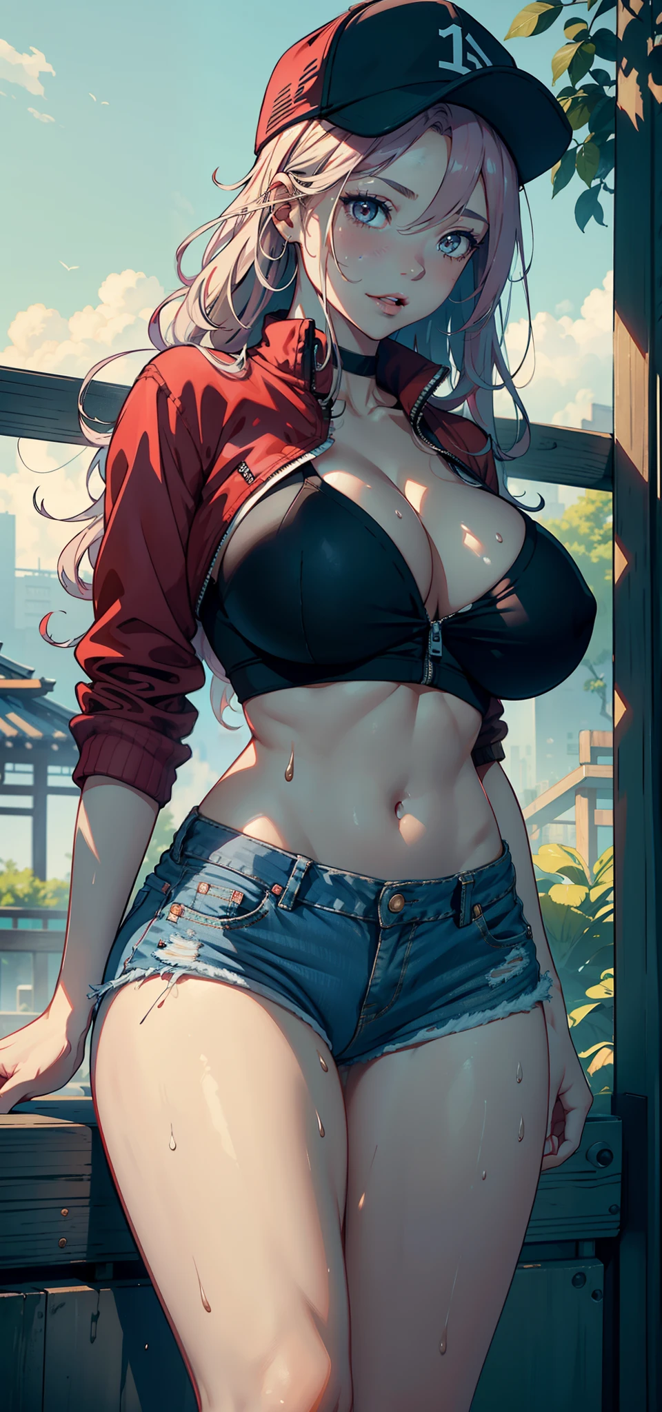 1female,35yo,熟妇,noodle,long leges,Big breasts Thin waist,the super hot and sexy,gigantic cleavage breasts,Pornographic exposure, 独奏,(Background with:ln the forest,the rainforest,in summer) She has long pink hair,Very long hair,Long flowing hair,With baseball cap,standing on your feet,Sweat profusely,drenched all over the body,seen from the front, curlies, mostly cloudy sky,(((tmasterpiece),(Very detailed CG unity 8K wallpaper),best qualtiy,cinmatic lighting,detailed back ground,beatiful detailed eyes,Bright pupils,(Very fine and beautiful),(Beautiful and detailed eye description),ultra - detailed,tmasterpiece,)),facing at camera,A high resolution,ultra - detailed),,revealing breasts,Bare genitalia, Bulge,Camel toes,Raised sexy,Flushed complexion,Open-mouthed,frontage,(Wearing:Red baseball jacket,Triangle erotic denim shorts,athletic sneakers,nakeness)fully body photo,Show shoes