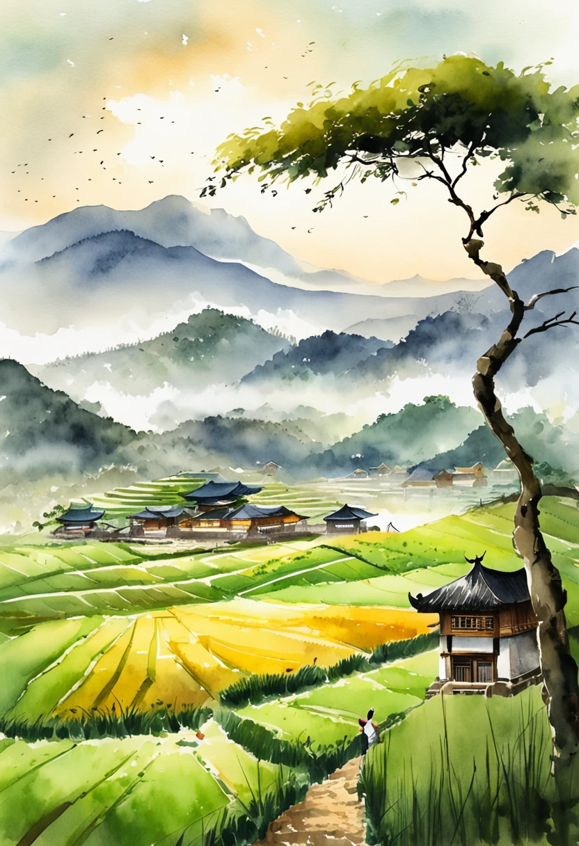 Large expanses of terraced fields, mountains, huts, with rice fields, rice fields, neat rice seedlings in the fields, misty rain, villages, agriculture, in the tranquil landscape, misty weather, in the vast tranquil landscape, in the early morning, in the morning mist, behind a small village, mist, Japanese countryside, thatched roofs --v 6
