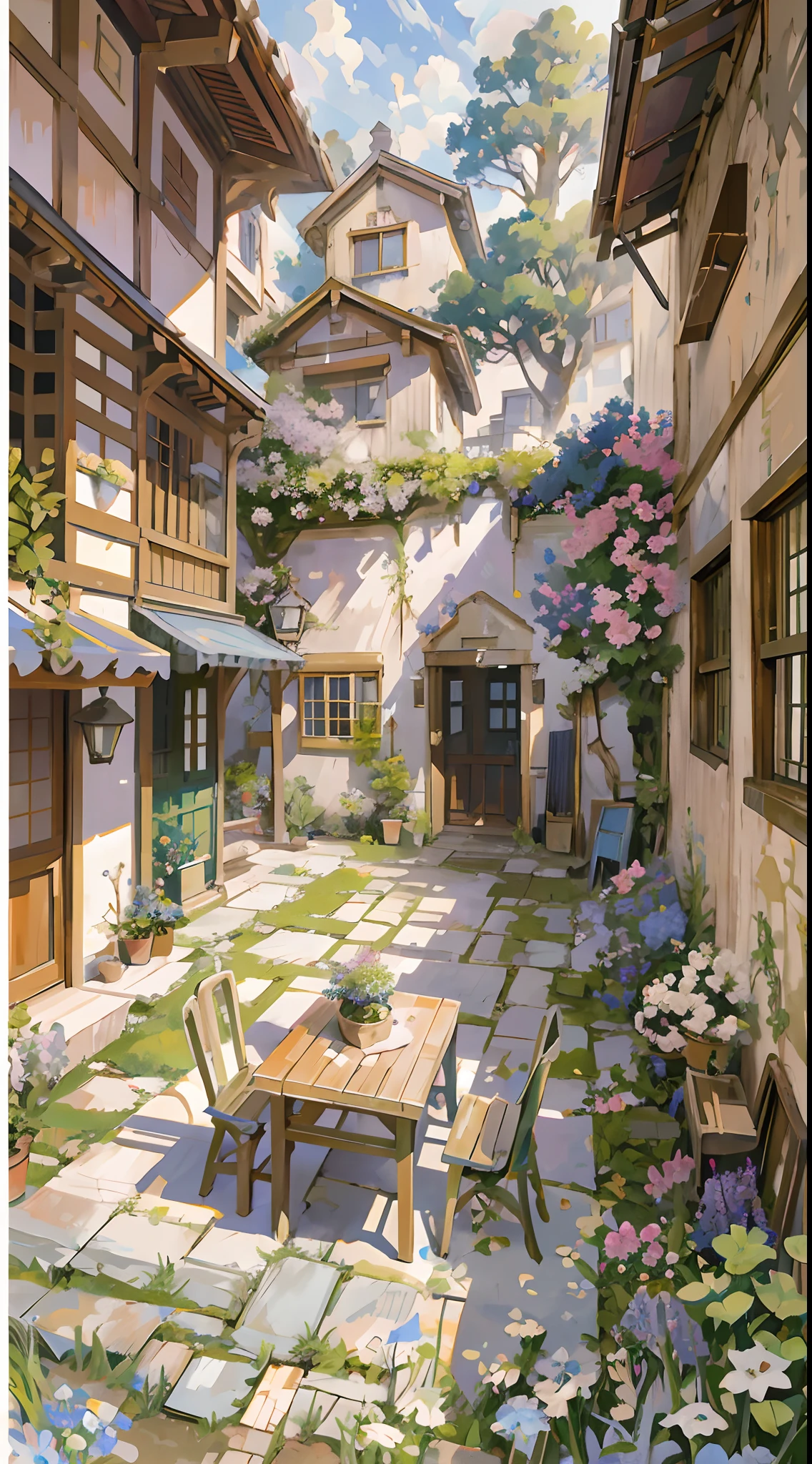 painting of a courtyard with a table and chairs and a bench, anime background art, relaxing concept art, anime scenery concept art, immensely detailed scene, a beautiful artwork illustration, detailed scenery —width 672, studio ghibli environment, highly detailed scene, environment design illustration, beautiful anime scene, ghibli studio style, anime scenery, detailed soft painting, environment painting