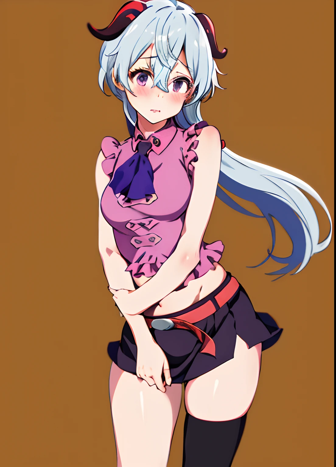 ganyudef, 1girl, single thighhigh, midriff, navel, purple skirt, asymmetrical legwear, pink shirt, black thighhighs, belt, miniskirt, skirt tug, covering crotch, embarrassed, blush, looking at viewer