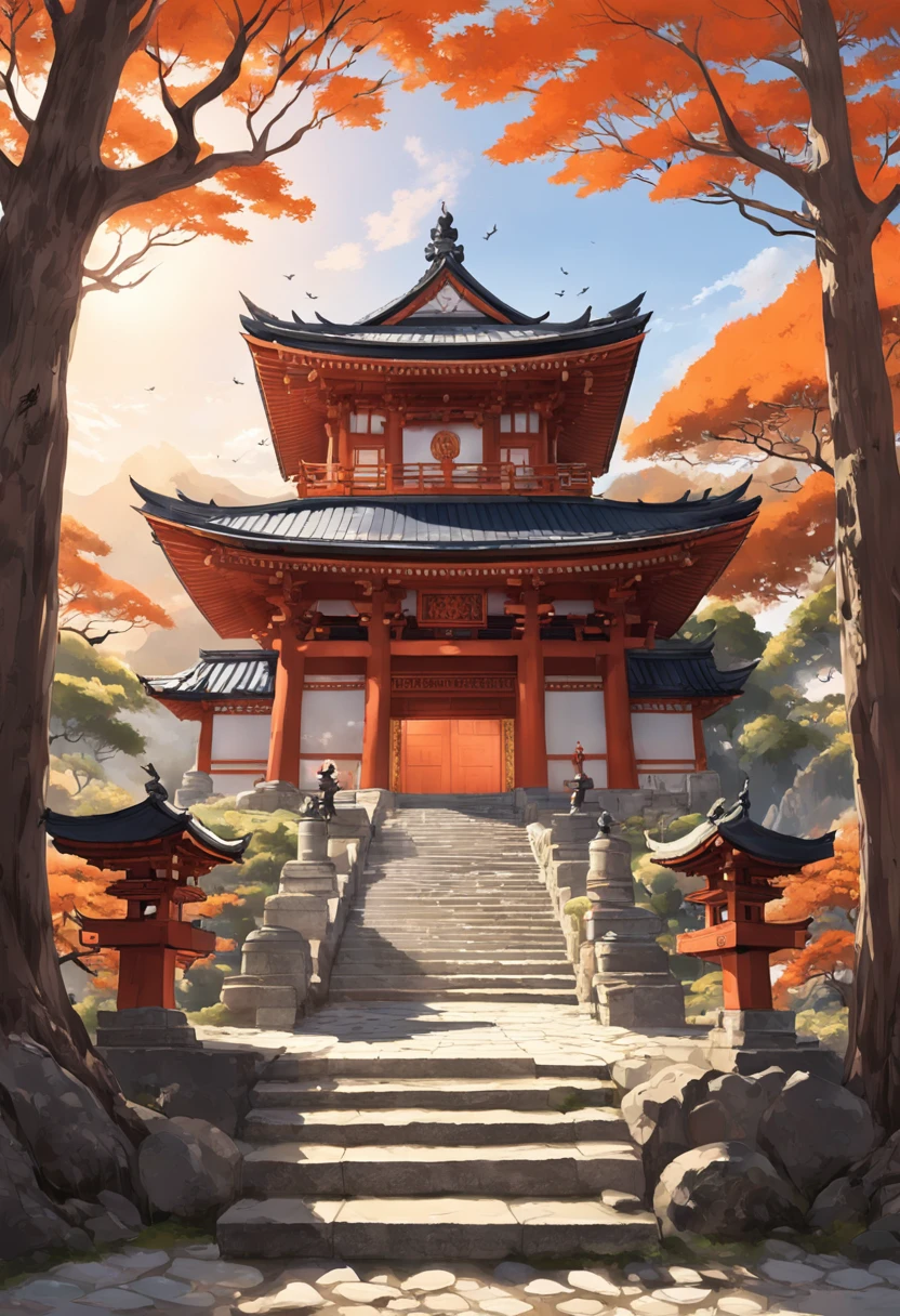 Immortalize the beauty and reverence of an ancient Japanese temple in an image that captures the passage of time. In this scenario, um templo majestoso repousa em meio a uma paisagem tranquila e atemporal.

O templo, Built of time-aged wood, apresenta um telhado de telhas escuras que se curvam elegantemente nas extremidades. The main structure is richly adorned with hand-carved details, representing dragons, Cranes and other symbols of Japanese mythology. Its wooden walls display a soft patina, witness to the centuries of adoration and contemplation.

A stone staircase leads up to the temple courtyard, ladeada por lanternas de pedra desgastadas pelo tempo, cuja luz costumava guiar os visitantes durante a noite. The courtyard itself is covered in white gravel.., Organized with meticulous precision, e pequenos jardins de pedras ornamentais adicionam uma dose de serenidade.

Ao se aproximar do templo, He sees an imposing red torii gate used by the wind, which marks the entrance to the sacred area. The gate is partially covered by vines that bring a sense of integration with the surrounding nature.

The surrounding landscape consists of a grove of ancient trees, cujas folhas sussurram segredos do passado. From a distance, picos de montanhas adornados com neblina completam a paisagem, evocando um ambiente de isolamento e serenidade.

The sky above begins to take on golden and orange hues as the sun sets, casting a soft and magical light on the temple and its surroundings.

This image seeks to capture not only the impressive architecture of the temple, but also the deep connection between humanity, espiritualidade e natureza que ressoa pelos corredores do tempo."