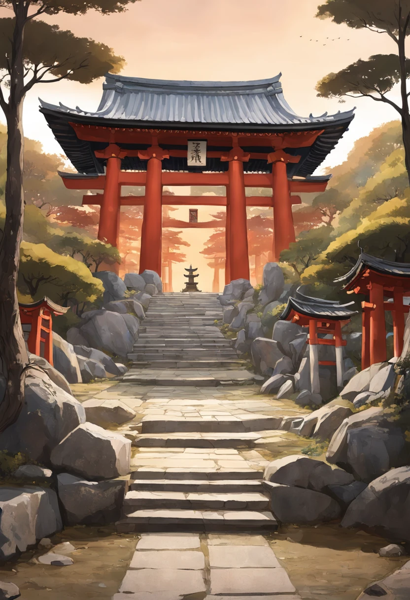 Immortalize the beauty and reverence of an ancient Japanese temple in an image that captures the passage of time. In this scenario, um templo majestoso repousa em meio a uma paisagem tranquila e atemporal.

O templo, Built of time-aged wood, apresenta um telhado de telhas escuras que se curvam elegantemente nas extremidades. The main structure is richly adorned with hand-carved details, representing dragons, Cranes and other symbols of Japanese mythology. Its wooden walls display a soft patina, witness to the centuries of adoration and contemplation.

A stone staircase leads up to the temple courtyard, ladeada por lanternas de pedra desgastadas pelo tempo, cuja luz costumava guiar os visitantes durante a noite. The courtyard itself is covered in white gravel.., Organized with meticulous precision, e pequenos jardins de pedras ornamentais adicionam uma dose de serenidade.

Ao se aproximar do templo, He sees an imposing red torii gate used by the wind, which marks the entrance to the sacred area. The gate is partially covered by vines that bring a sense of integration with the surrounding nature.

The surrounding landscape consists of a grove of ancient trees, cujas folhas sussurram segredos do passado. From a distance, picos de montanhas adornados com neblina completam a paisagem, evocando um ambiente de isolamento e serenidade.

The sky above begins to take on golden and orange hues as the sun sets, casting a soft and magical light on the temple and its surroundings.

This image seeks to capture not only the impressive architecture of the temple, but also the deep connection between humanity, espiritualidade e natureza que ressoa pelos corredores do tempo."