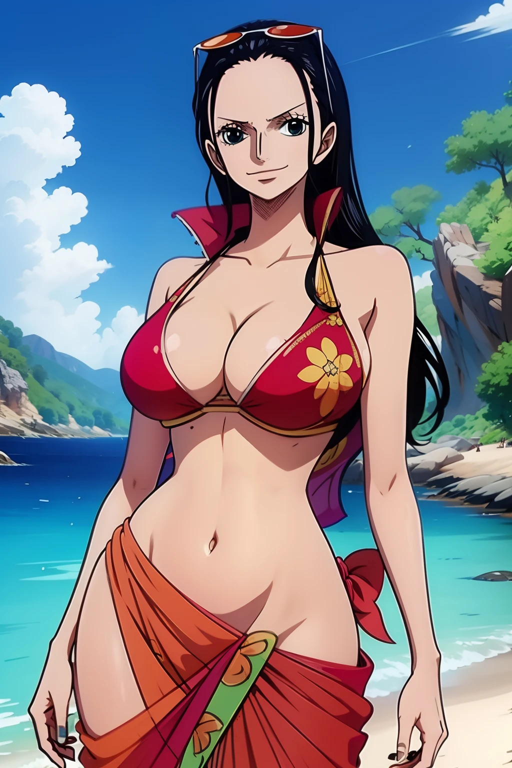 Robin de One Piece, sexy pose, Indien , Saree, Saris rouge, 8k, Anime, plage, gros boob, gros cul, look sexy