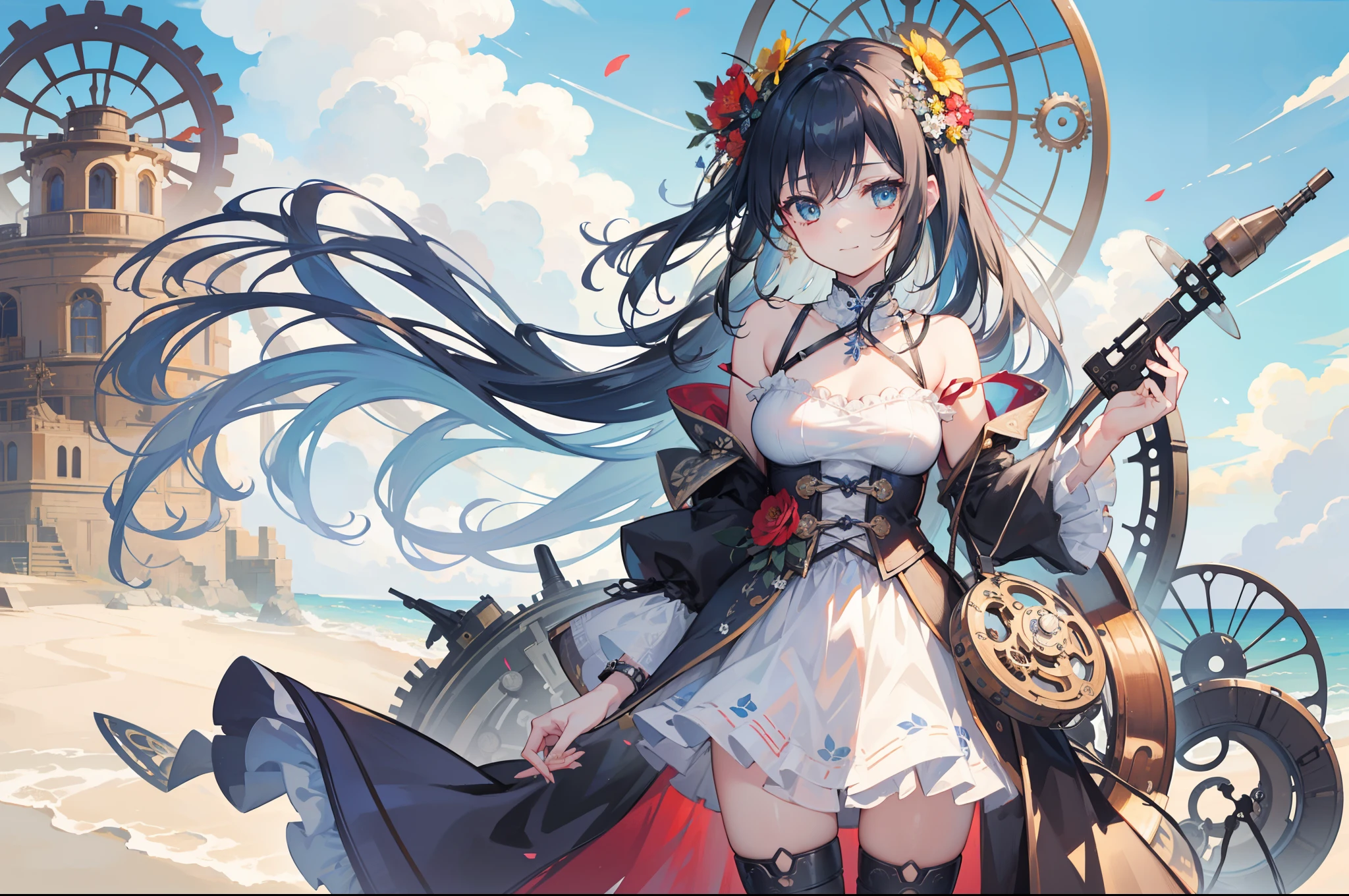 the beach、steampunc、steams、Steam in the air、gear wheel, Clocks and plumbing、夏天、Beautuful Women、Steampunk style colorful swimsuit、Midday Sun、steams、Large space、high sky、​​clouds、intricate illustrations、Overwhelming drawing、Smooth depiction、Countless gear and watch decorations、Sheer sunlight、Beautiful eyes drawn down to the smallest detail、perfectly proportions、Balance of the whole body、A smile、zoomout、ink drops、