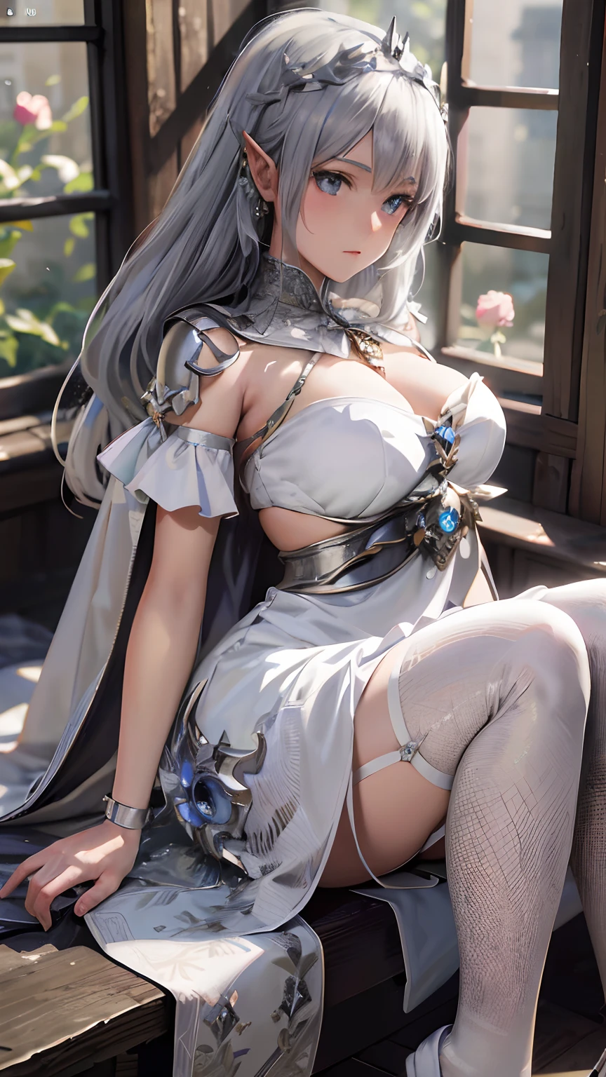 Arape, wearing a silver dress, sat on a bench, Anime goddess, beautiful and seductive anime woman, 8K high quality detailed art, white-haired god, beautiful and elegant elf queen, a beautiful fantasy empress, tmasterpiece《Goddess of sorrow》, trending on cgstation, beautiful fantasy maiden, Japanese goddess, alluring elf princess knight, with sleek silver armor