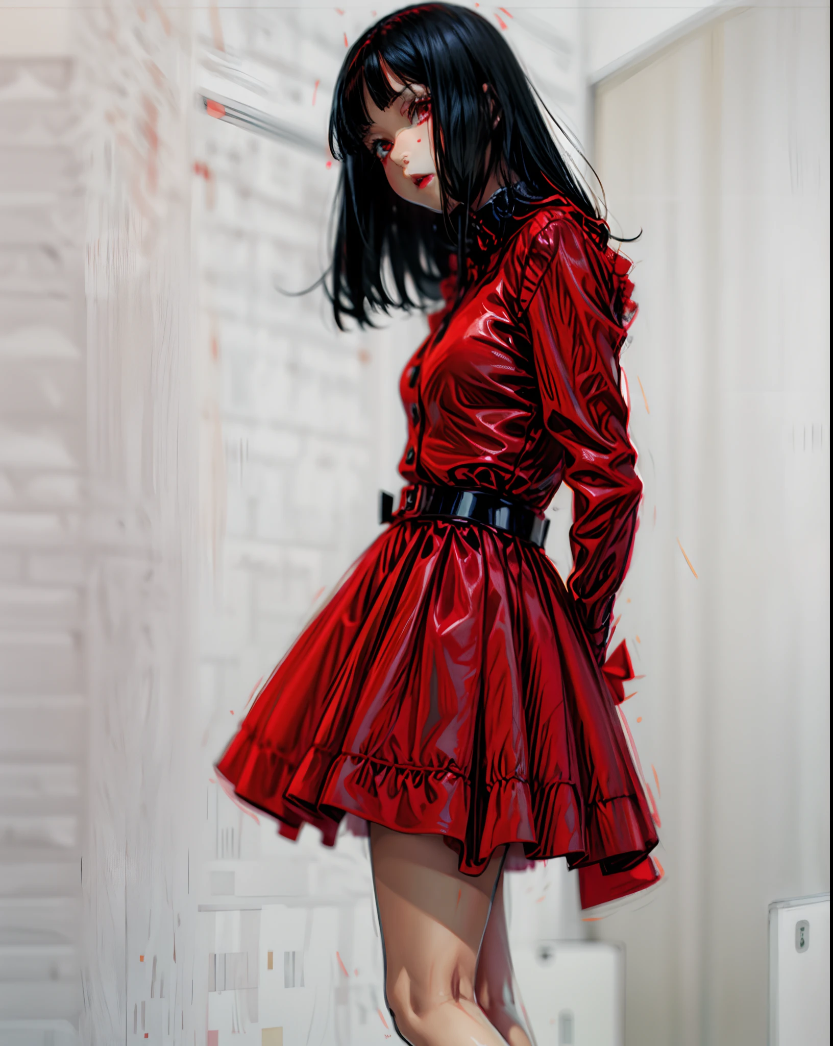 araffe dressed in a red dress and black boots posing for a picture, rei kawakubo artwork, red clothes, red biomechanical dress, all red, black and red silk clothing, wearing a red outfit, girl wears a red dress, wearing a red dress, red dress, pale red, wearing red dress, red uniform, rin tohsaka