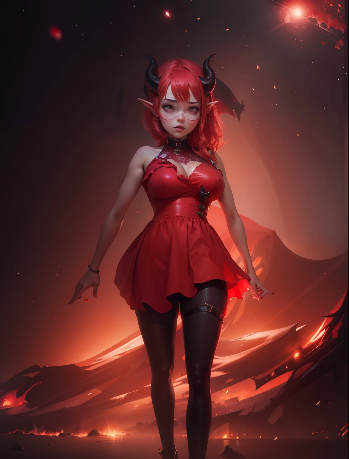 1 girl, succubus, red dress, thick, horns, red pink hair