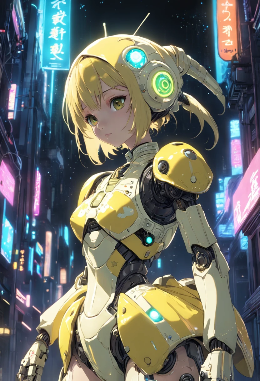 droid，an anthropomorphic turtle，Wearing a pale yellow dress with a star pattern，Transparent machinery，Cyberpunk, dreamy glow, luminous neon lights, ( Global illumination, Ray traching, hdr, unreal render,reasonable design, high detal, Masterpiece, Best quality, hyper HD, Cinematic lighting), Mecha musume