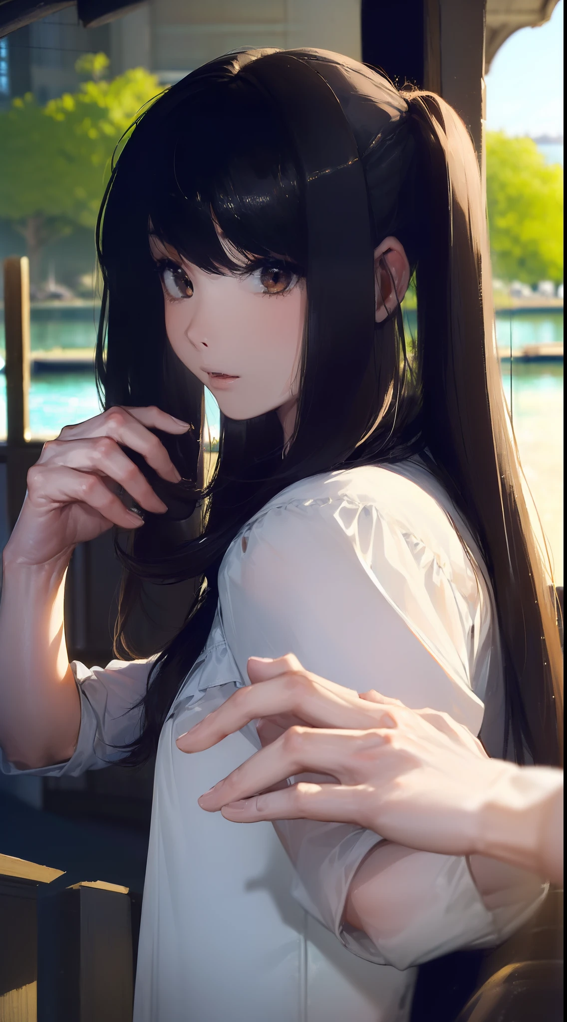 ((((Catch a big black bass by the lake:1.5)))),((1 female 28 years old))((Best Quality:1.5)),(((Hands with the correct number and structure of fingers:1.4))),(Large fish),hight resolution,ultra-detailliert,masterpiece,best qualtiy,poneyTail,Black hair, long eyeslashes, Solid Circle Eyes, drop shadow, Atmospheric perspective,Super Detail, ccurate, small brest,(Black jacket :1.1),top-quality, blurry backround, bokeh dof:1.2, (masterpiece:1.3), Atmospheric perspective,Super Detail,dynamic compositions,top-quality、masterpiece、Very beautiful CG、finely detail、masterpiece