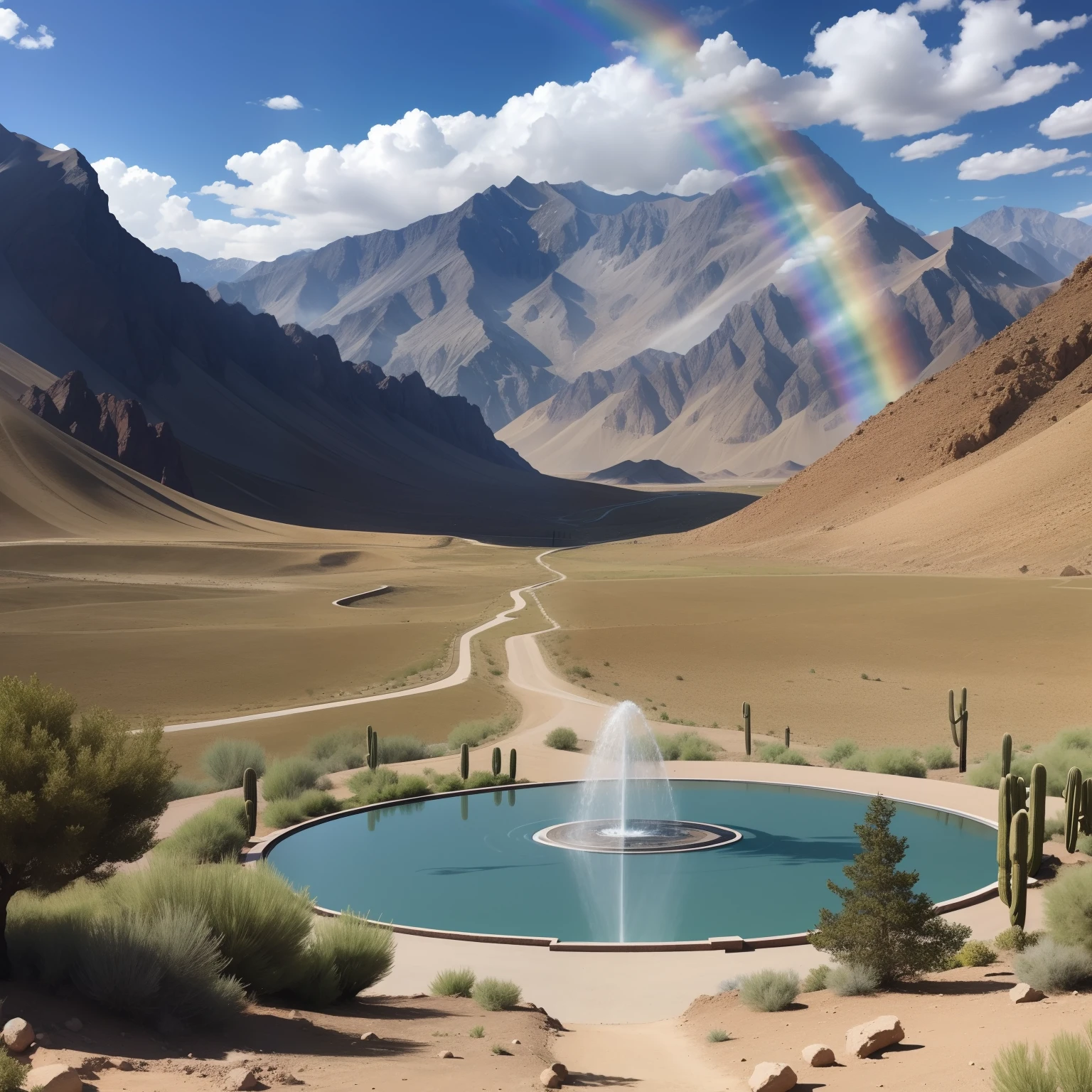 Mountains and mountains、A desert、Poplars,The fountain,Part of the vegetation is green,desolated,There is a rainbow in the distance