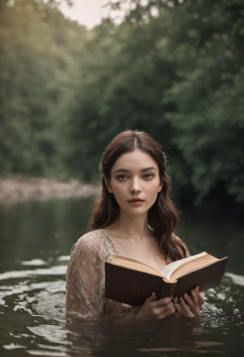 The woman in the water holds a book in her hand, Hyper-realistic portrait in a river, nadav kander, Alessio Albi, book portrait, on the lake