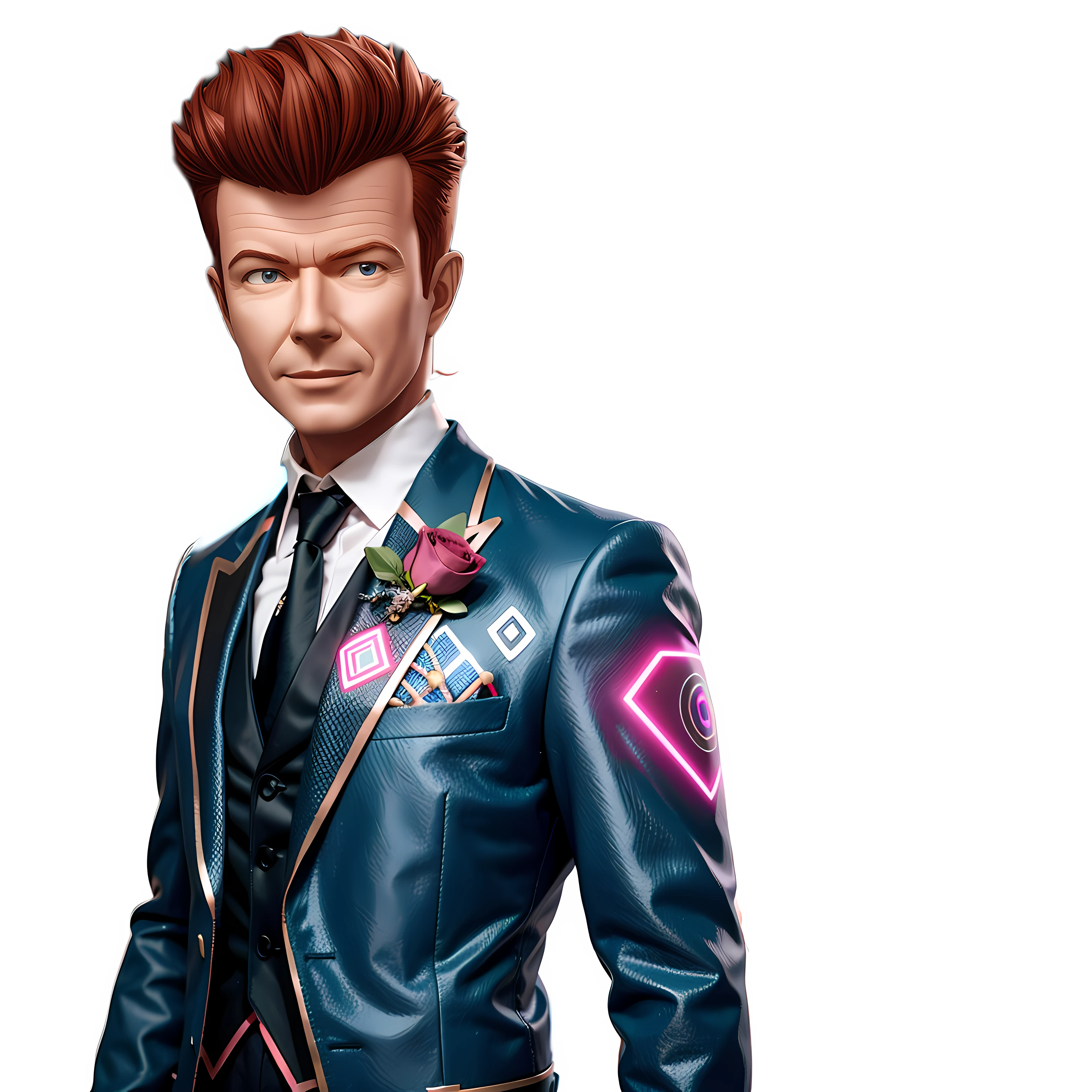 technologic tuxedo with smal leds all over, poligonal rose, poligonal tie, max headroom style tuxedo, intricate details
