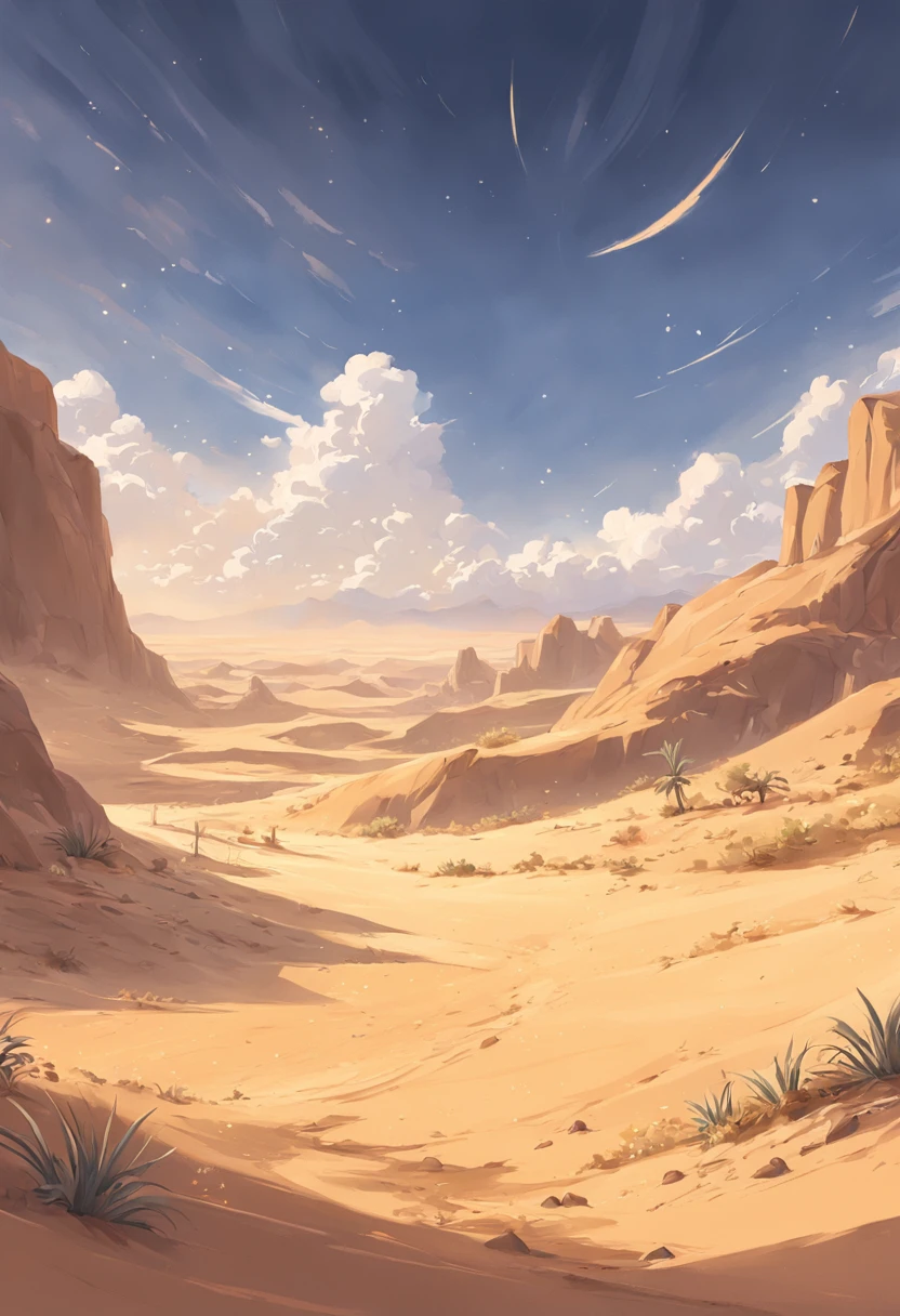 Yellow sand in the sky，The background is a vast desert, Desert oasis，richcolors，digital landscape art, Detailed scenery —width 672, landscape artwork, environment design illustration, scenery art detailed, Desert oasis landscape, concept-art, 4k highly detailed digital art, 4 k digital painting, 4k digital painting, stunning digital illustration, Desert background, digital painting concept art, Detailed digital painting