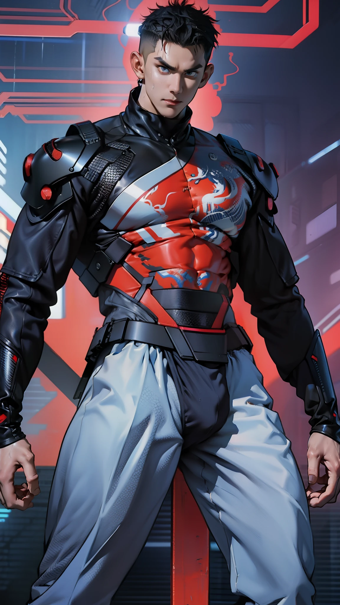 A tall muscular boy , Naked , Legs spread , （The whole body of the character），impact , Sweaty , Wet , Seductive , Bigboobs , large bulge , big balls , big assa，Exposing the pectoral muscles，Wu Yifan，cyber punk style