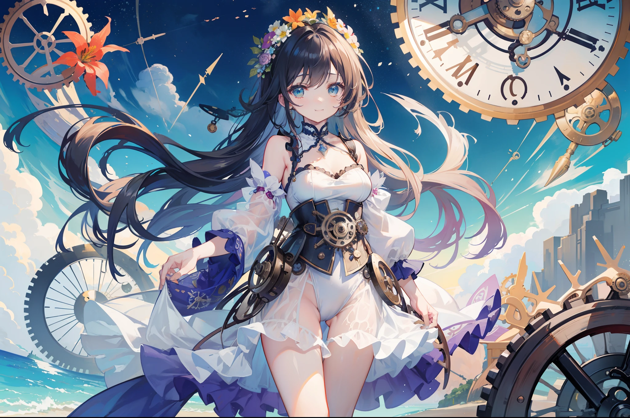 ((celebration、holding flower bouquet)), ((the beach))、steampunc、steams、Into the cloud、(((gear wheel, Clocks and plumbing)))、夏天、Beautuful Women、Steampunk style colorful swimsuit decorated with countless gears and watches、Midday Sun、steams、Large space、high sky、clouds、Detailed drawing、intricate illustrations、Overwhelming drawing、Smooth depiction、Countless gear and watch decorations、Sheer sunlight、Beautiful eyes drawn down to the smallest detail、perfectly proportions、Balance of the whole body、Grinning、zoomout、ink drops、