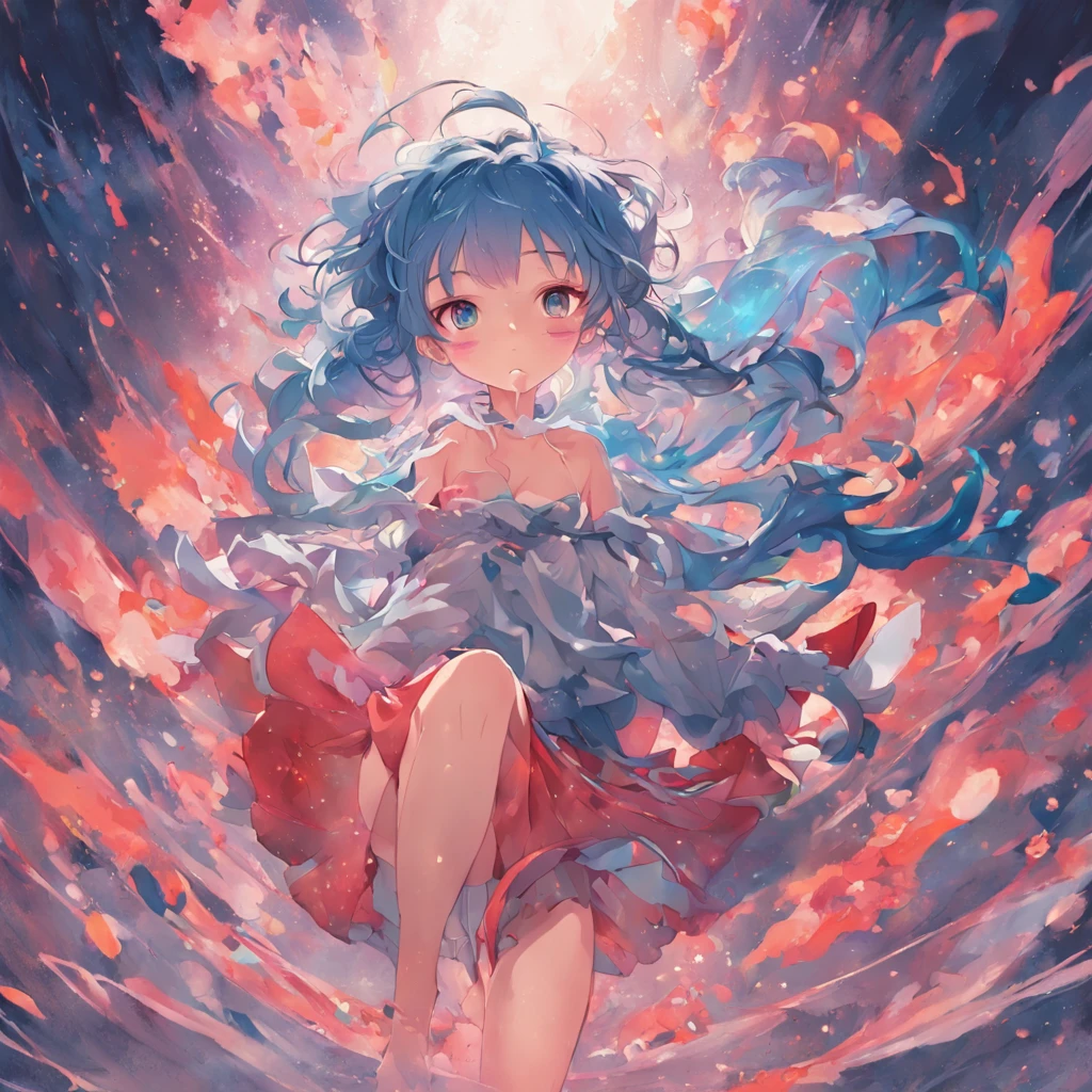 ((masterpiece::1.2),best quality,PIXIV,cat,cozy anime,((dramatic action))((dramatic angle))(High saturation flat painted illustration)(illustration),((masterpiece)),(((best quality))),(abstract flower),(form above:1.2),look at viewer,see through feet,blue hair,blue eyes,holographic clothing,
((1girl )),blue,blue,blue,cute face,(beautiful detailed eyes),(gray hiar),small breasts,sitting,white