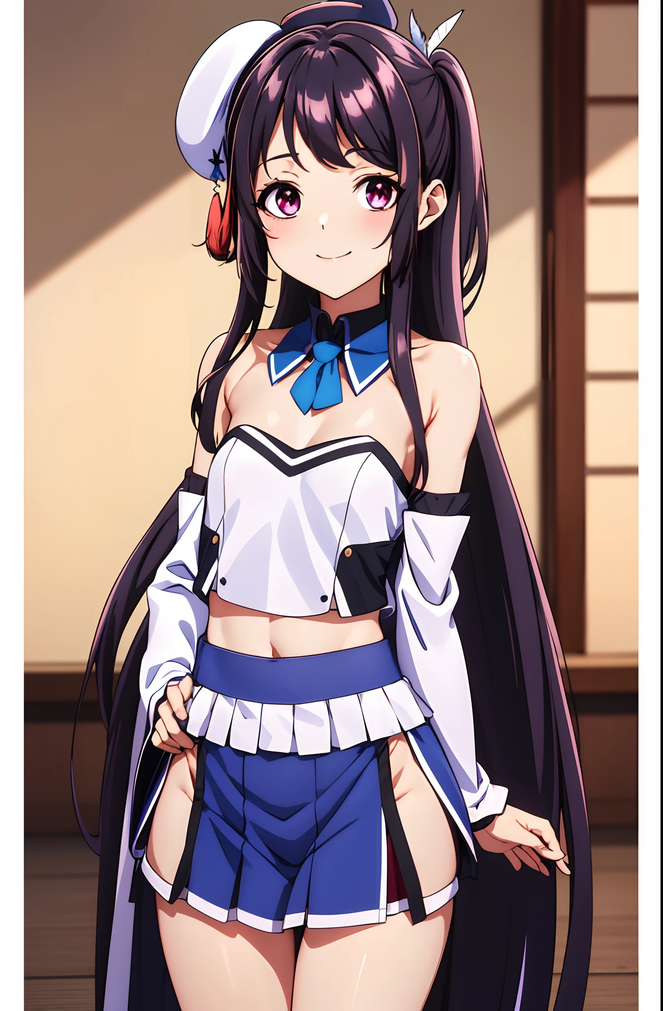 KaoriHojo, masterpiece, best quality, highres, hmushiwa, side ponytail, long hair, hat, tate eboshi, feather hair ornament, japanese armor, breast curtains, navel, detached sleeves, asymmetrical sleeves, white sleeves, purple sleeves, pom pom (clothes), tassel, blue panties, single glove, single pantsleg, standing, cowboy shot, smile, small chest, short height, , flat chest, small, cleavage, ((bare shoulder)), exposed,