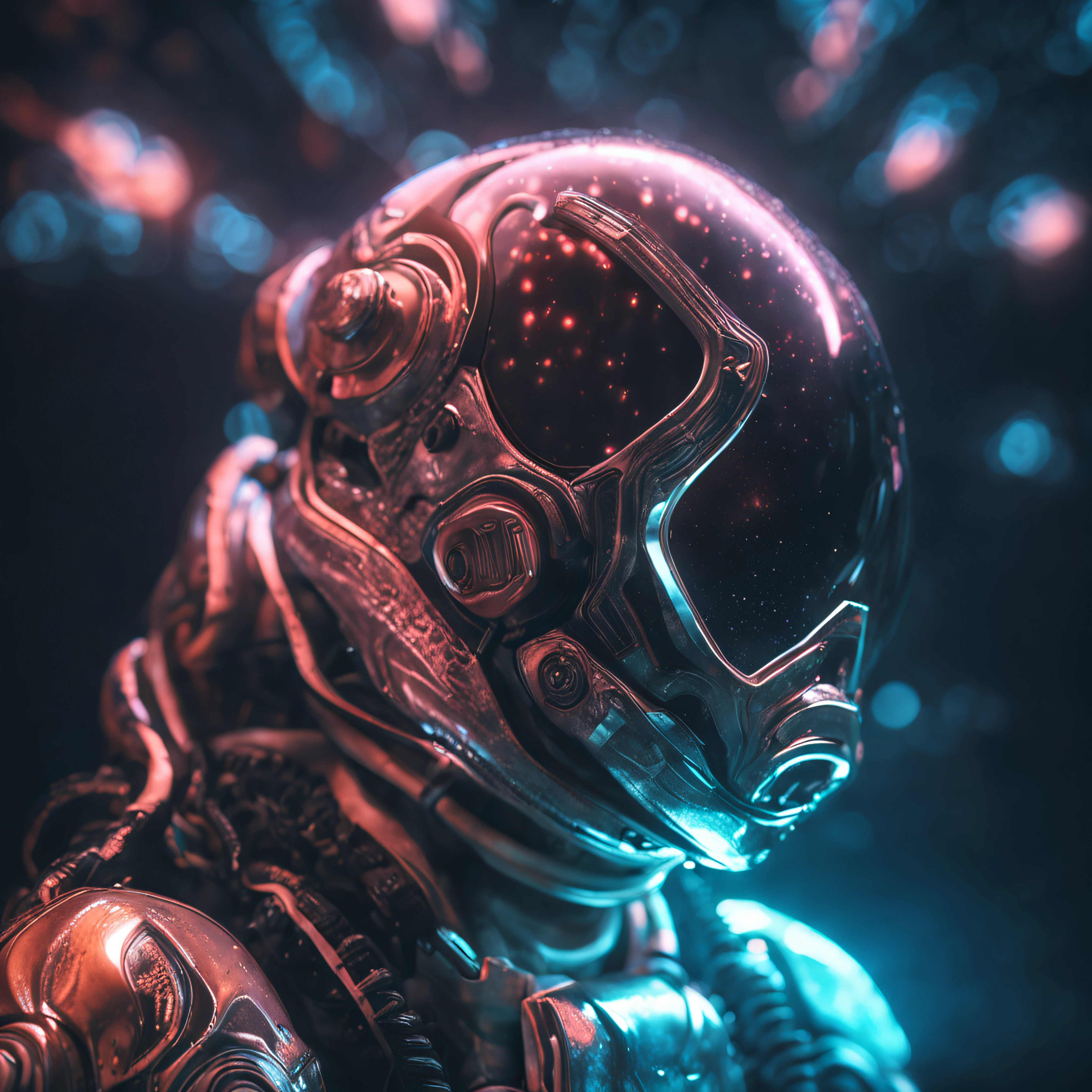 woman in an underwater spacesuit, (Beautiful Bioluminescent Creatures on black bacground:1.3), black background, best quality, sunlight, detailed face, gorgeous eyes, realistic skin details, high quality, seen from below, romantic, high quality, film grain, Cinematic Light, sidelighting, sharp focus