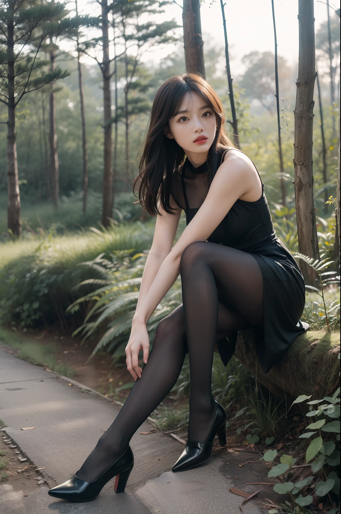 (full body:1.5)，(1girl:1.3),(view the viewer:1.4)，(anatomy correct:1.3),(sitting in the forest:1.2),(Wearing a police Style Dress:1.2),(Opaque pantyhose:1.3),( girl pointed thick heels :1.1)，(Accurate and perfect face:1.3),(Long legs:1.3),hyper HD, Ray traching, reflective light， structurally correct, Award-Awarded, high detail, lighten shade contrast, Face lighting ，cinematic lighting, masterpiece, super detailing, high quality, high detail, best quality, 16k，High contrast,