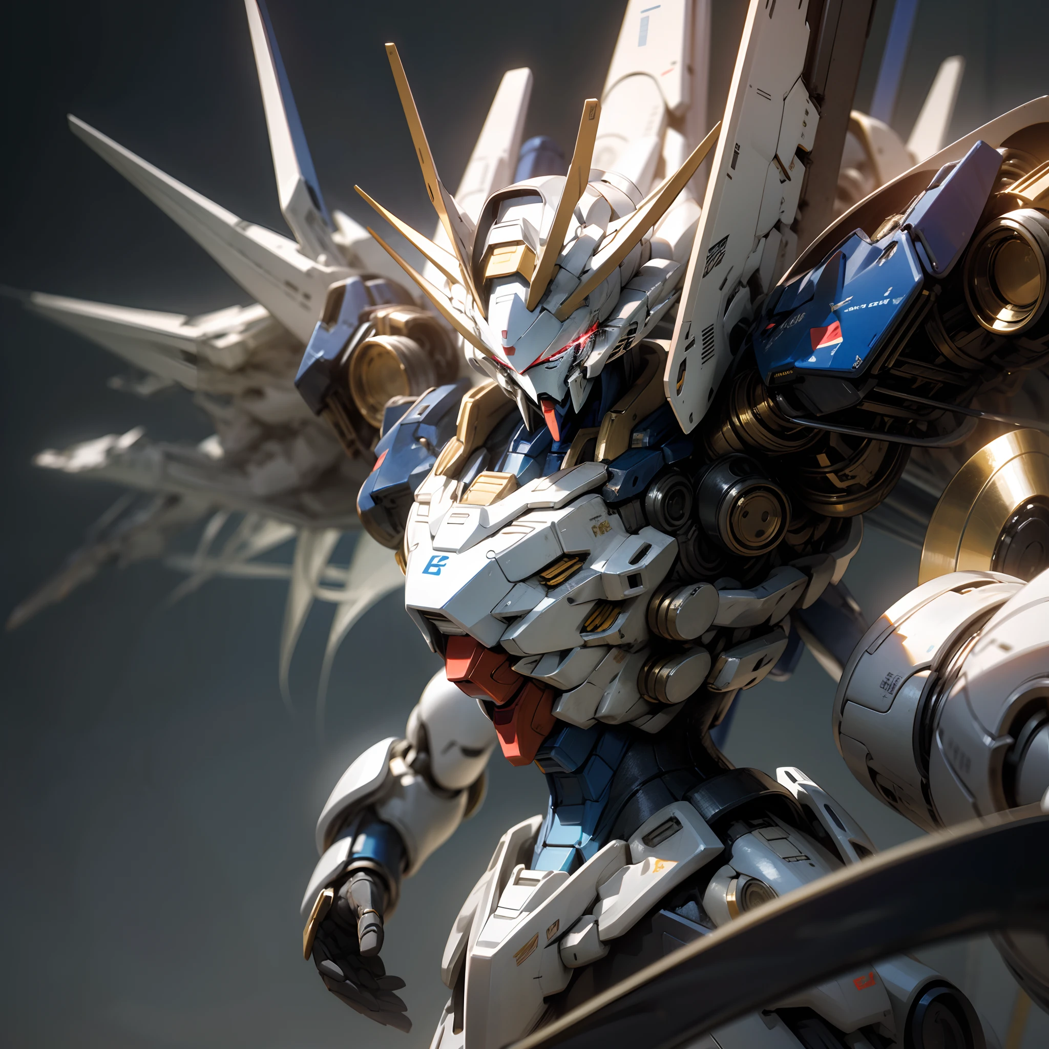 8K,tmasterpiece,high detal,hyper HD,Blue and white intervals to mechs,Gundam Mech,对称,(Full predecessor:1.5),Tall figure,the golden ratio,A giant sword in mecha form,Dynamic photography,Long exposure,A white and blue Freedom Gundam ,Gundam mech,Take Freedom Gundam,Gundam free style,showcased in combat posture,Studio environment,Combat posture,soft ambient light,super detailing,Metallic texture and tension composition,Ultra photo realsisim,c4d,OC rendering,3d,ultra hd16k