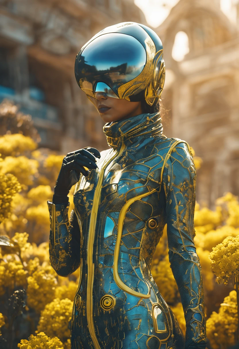 (professional 3d render:1.3) af (Realistic:1.3) most beautiful artwork photo in the world, woman wearing an ornate curved mask and yellow and black patterned and contoured organic costume with glass dome visor, organic surrounding yellow flowers and plants, dynamic glamor pose holding exquisite engraved space gun, alien woman, as a futuristic heroine, vespertine, futuristic clothing and glass, movie still, fashionable futuristic woman, H.R.Giger, Simon Stalenhag, female alien, alien girl, of a futuristic woman selk'nam. avante garde design stylings inspired by yellow and black squares and curves(Intricate:1.4), decadent, (Highly detailed:1.4), Digital painting, rendering by octane, art stations, concept-art, smooth, Sharp focus, illustration, Art germ, (loish:0.23), wlop ilya kuvshinov, and greg rutkowski and alphonse mucha gracias, (Global illumination, Studio light, volumettic light), heavy rain, particles floating, lotr, fantasy, elf, full body, ((Dark and ancient city background:1.