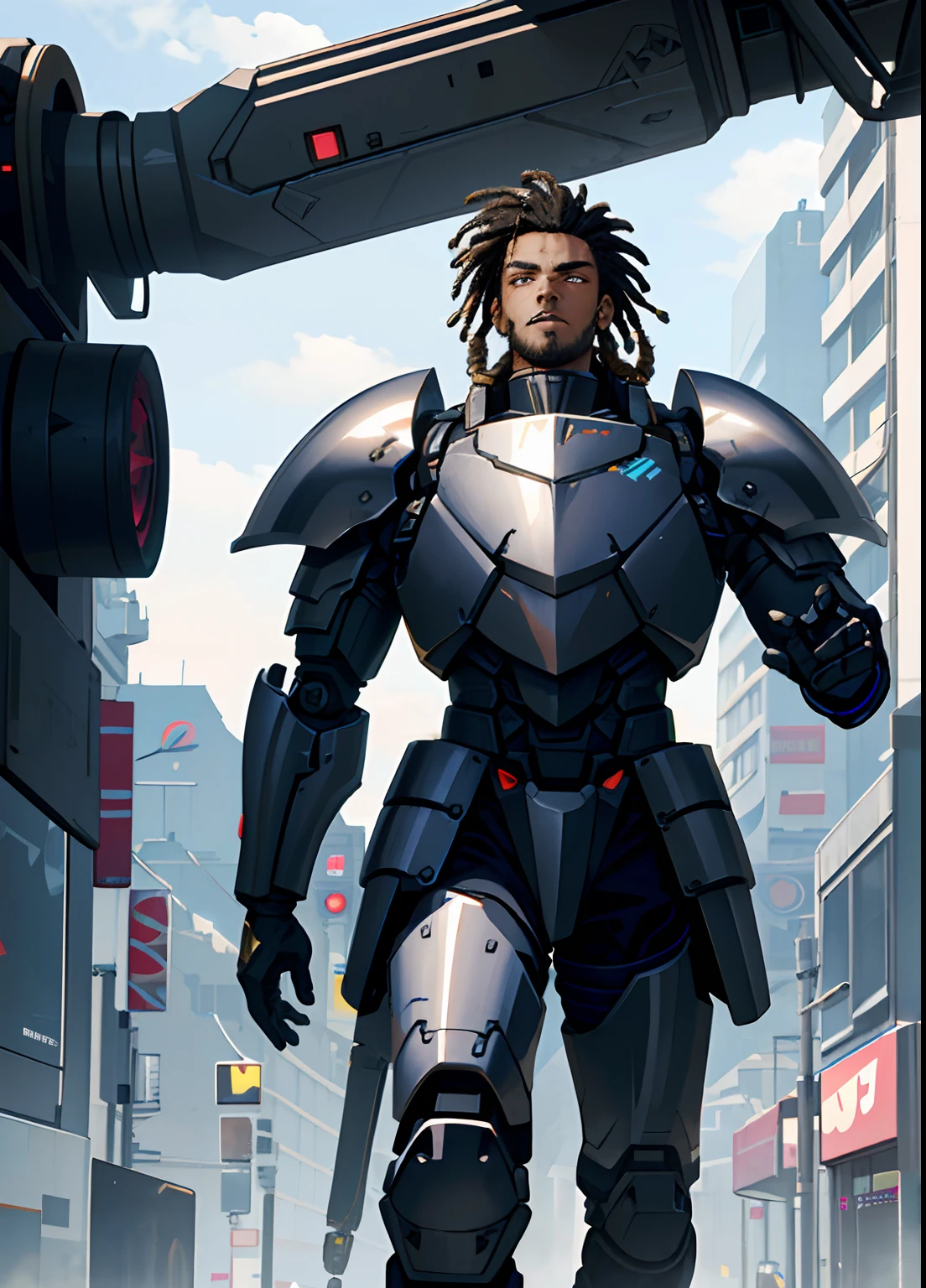 ((Best quality)), ((masterpiece)), (highly detailed:1.3), 3D, cyberpunk, 1 dark skinned male, dreadlocks, young, mechanical muscle, tall chunky cyborg, mech plate armor, giant machine gun