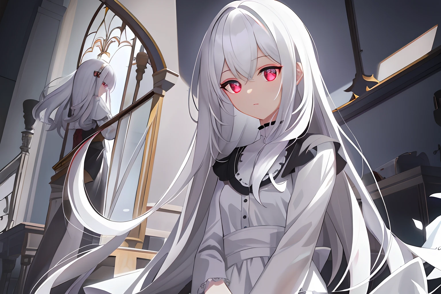 ((Masterpiece, Best quality))++, Detailed light+, Detail hair+, detail hand+ ,1girll, woman, Long hair, Crimson eyes, Beautiful eyes, Young gray hair,,(Beautiful white hair:1.5),(Beautiful detailed eyes), high resolution+, blacksilk , a black skirt, Glass tones, Reflective eyes, {{Angle}} , extremelydetailedwallpaper, Original, ,