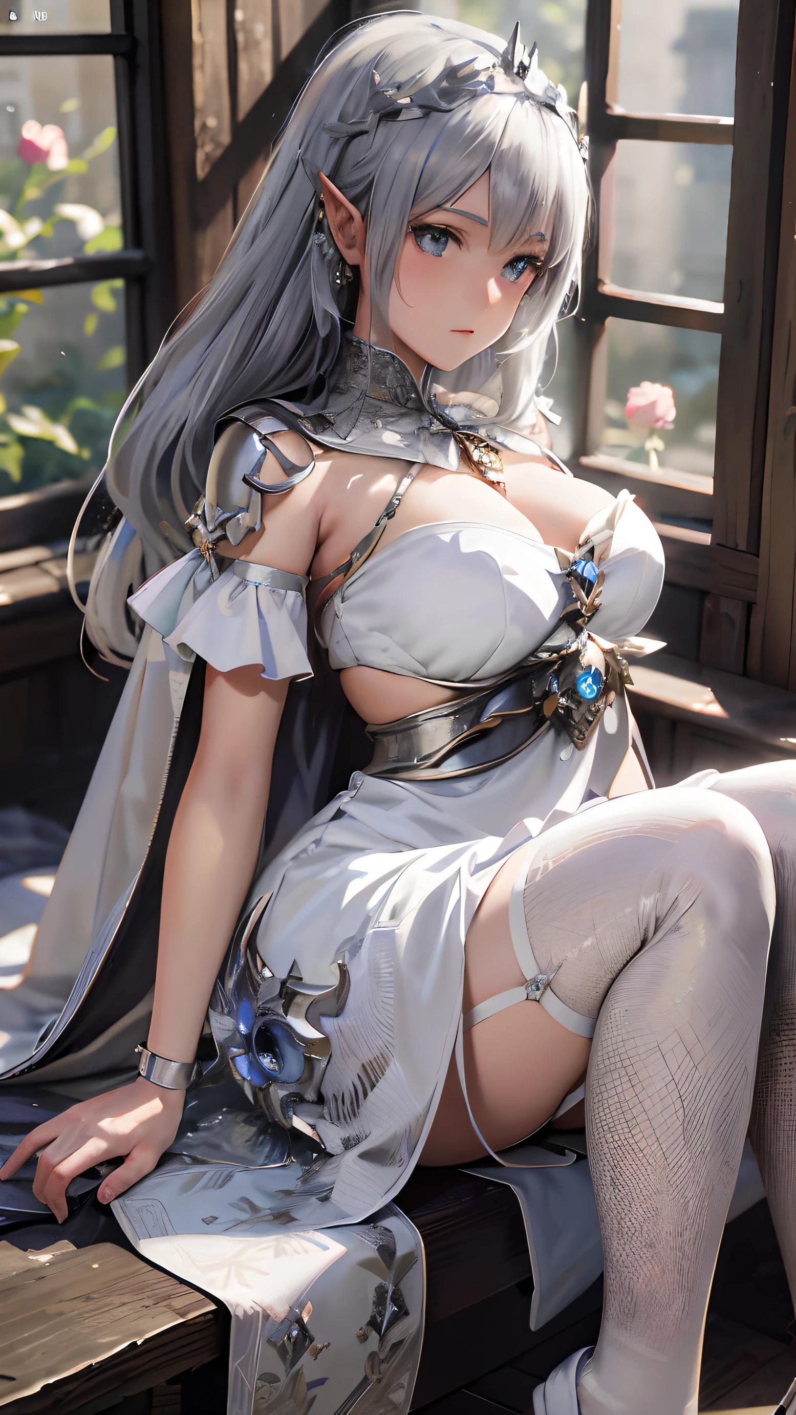 Arape, wearing a silver dress, sat on a bench, Anime goddess, beautiful and seductive anime woman, 8K high quality detailed art, white-haired god, beautiful and elegant elf queen, a beautiful fantasy empress, tmasterpiece《Goddess of sorrow》, trending on cgstation, beautiful fantasy maiden, Japanese goddess, alluring elf princess knight, with sleek silver armor