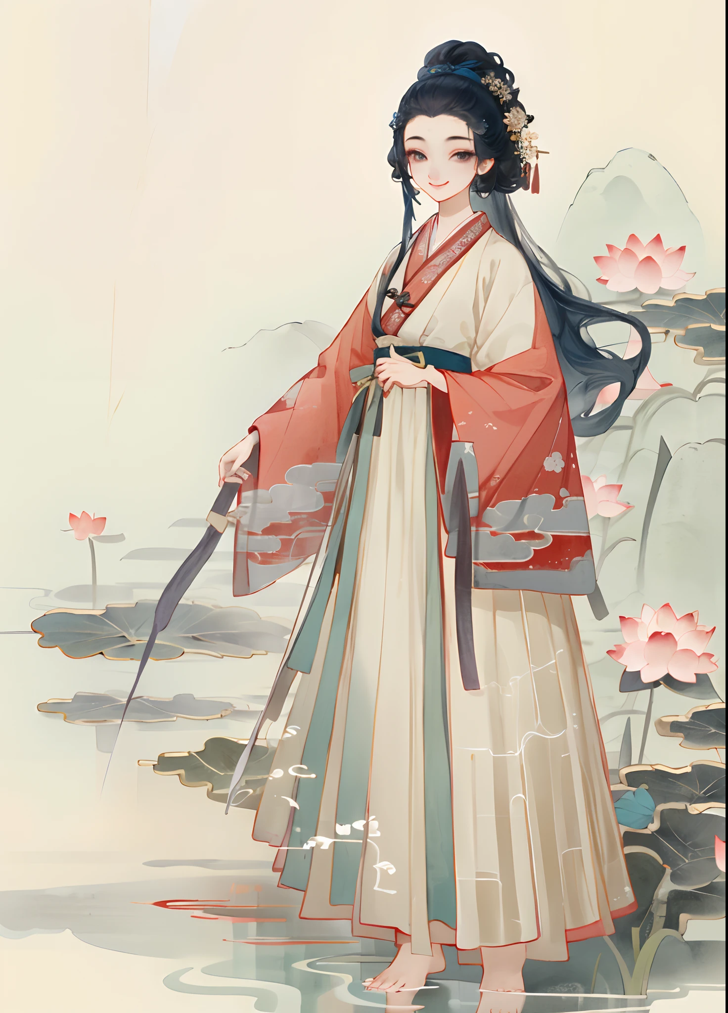 ((4k,masterpiece,best quality)), shuimobysim, traditional chinese ink painting, lotus, hanfu, maxiskit, dress conservatively 1girl, solo, long blue hair, smile, standing, feet in the water, barefoot,