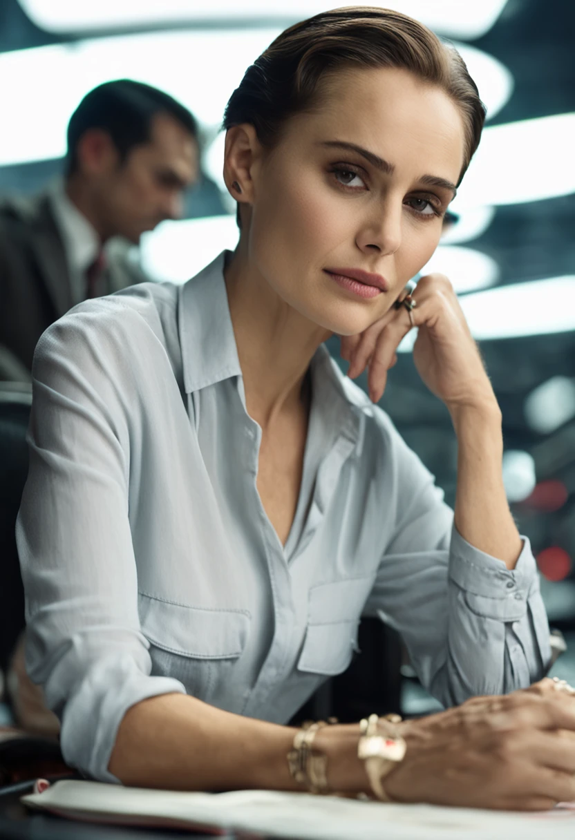 Sober OL、Beautiful woman、Beautiful sober office lady、The face resembles Natalie Portman、Natalie portman、Short hair、Silvery hair、At work、wearing miniskirt、Wears a white shirt、Typing on a typewriter