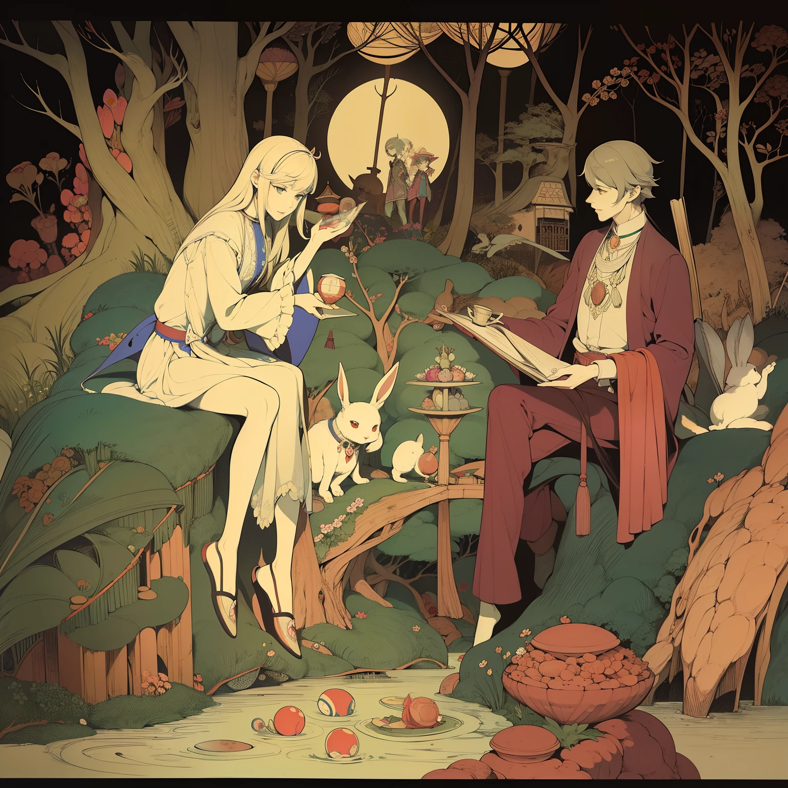 Ukiyo-e style Anton Pieck, Heath Robinson, Charles Doyle, Harry Clarke Anime wondrous strange Whimsical Sci-Fi Fantasy Boy Alice Go to the March Rabbit Tea Party Night when the nickel moon shines Alice was coloring eggshells with paint A white rabbit passes by Alice follows the rabbit to Wonderland