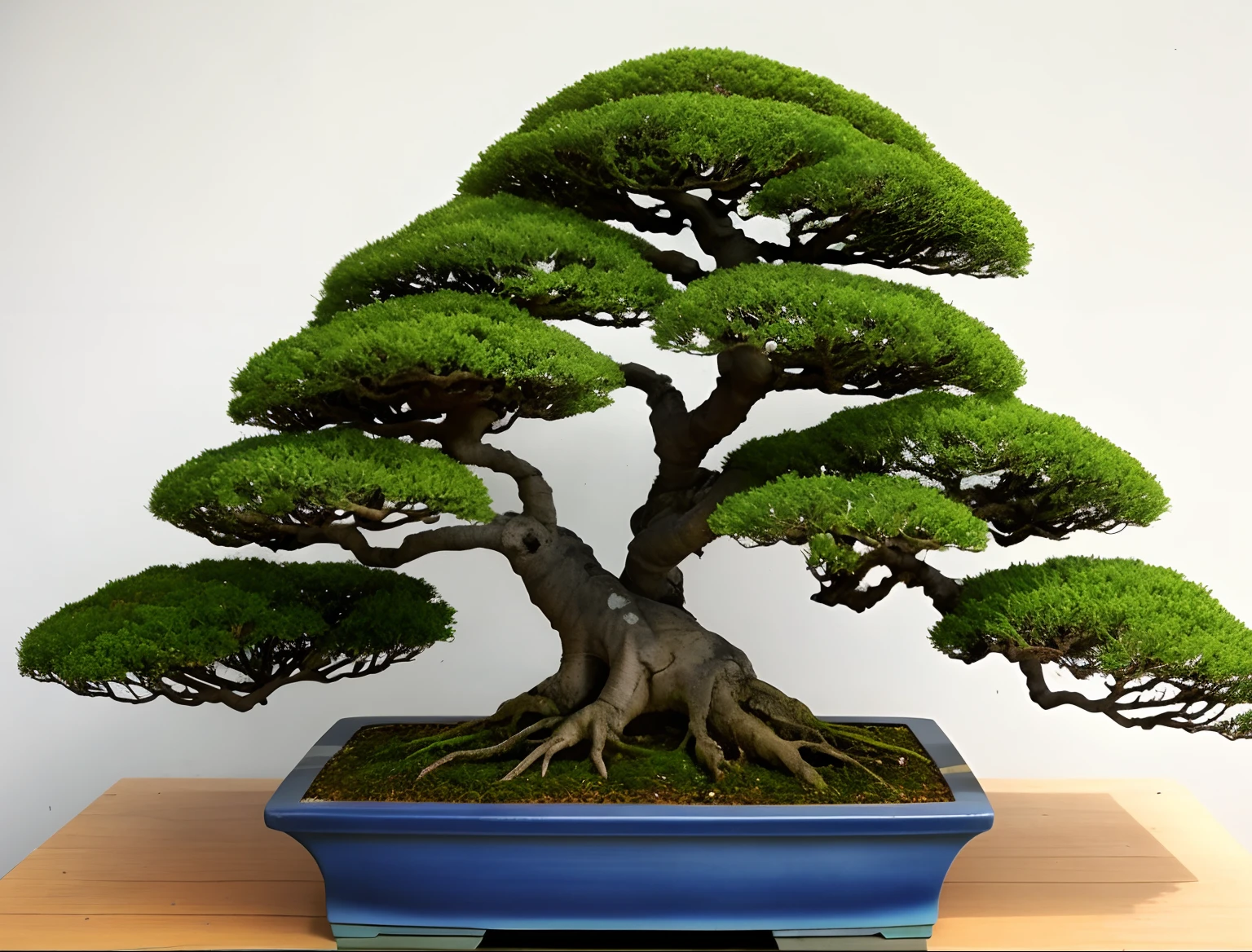 there is a bonsai tree in a blue pot on a table, lush plants and bonsai trees, bonsai trees, bonsai, bonsai tree, made of bonsai, blue bonsai, huge ficus macrophylla, bonsai tree on roof, bonsai tree house, 5 years old, bonsai anatomy atlas, front side full, centre image, version 3, extremely intricate