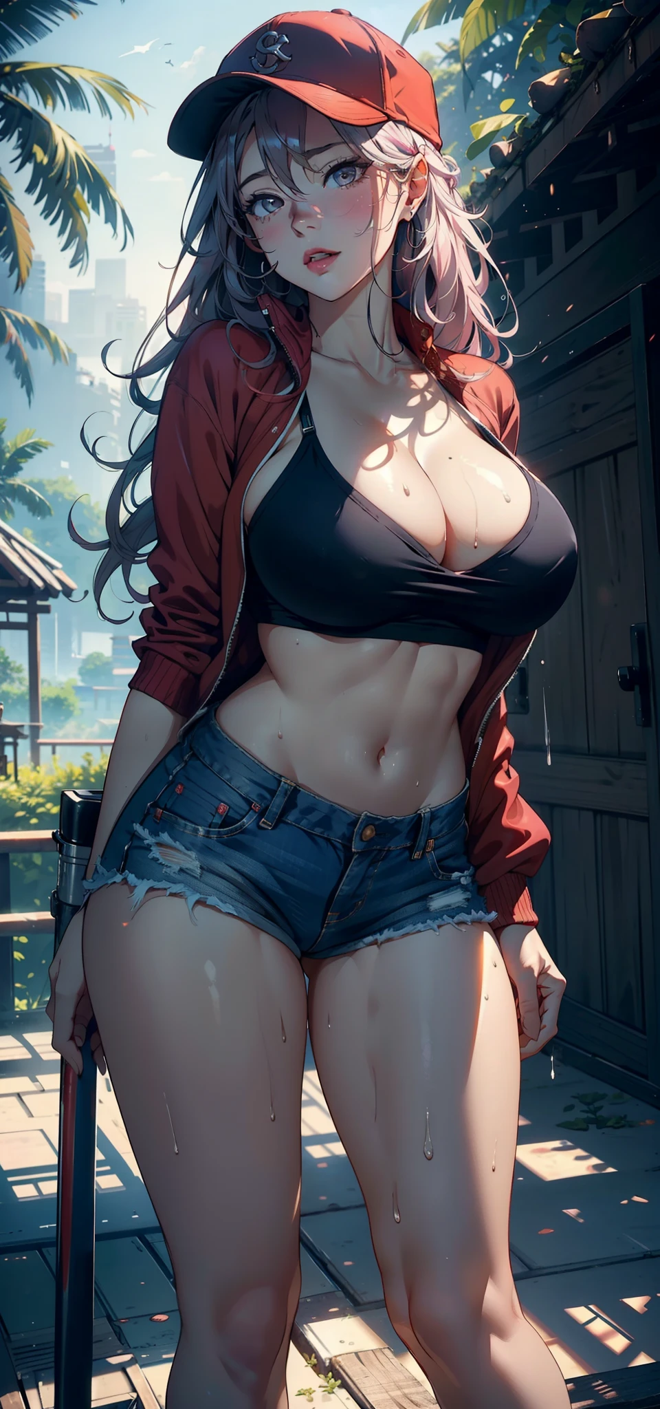 1female，35yo，熟妇，noodle，long leges，Big breasts Thin waist，the super hot and sexy，gigantic cleavage breasts，Pornographic exposure， 独奏，（Background with：ln the forest，the rainforest，in summer） She has long pink hair，Very long hair，Long flowing hair，With baseball cap，standing on your feet，Sweat profusely，drenched all over the body，seen from the front， curlies， mostly cloudy sky，（（（tmasterpiece），（Very detailed CG unity 8K wallpaper），best qualtiy，cinmatic lighting，detailed back ground，beatiful detailed eyes，Bright pupils，（Very fine and beautiful），（Beautiful and detailed eye description），ultra - detailed，tmasterpiece，）），facing at camera，A high resolution，ultra - detailed），，revealing breasts，Bare genitalia， Bulge，Camel toes，Raised sexy，Flushed complexion，Open-mouthed，frontage，（Wearing：Red baseball jacket，Erotic denim shorts，athletic sneakers，Lewd nudity）fully body photo，Show shoes