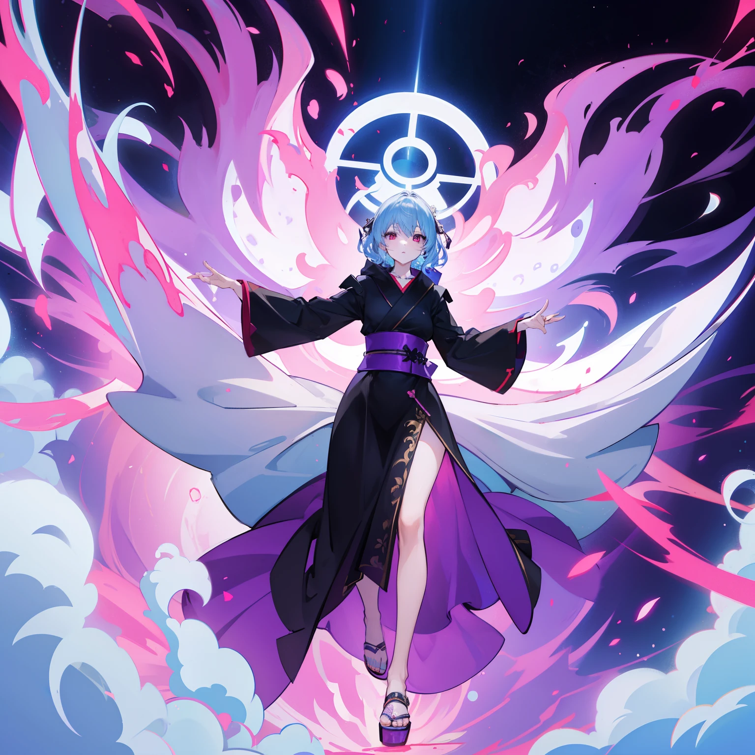 masutepiece, Fine details, 4K, 8K, 12K, Solo, 1 person, Beautiful Girl, caucasian female, , 149 cm, Light blue hair, Short hair, Wavy Hair, Red Eyes, Black costume、black robes, Long sleeves, Wide sleeves, long hem, long hem、I can't see my knees、Black hood、Full body black、Purple effect、Dragon effect