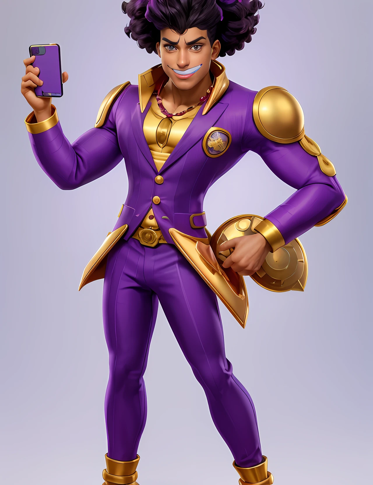Close up portrait of a person holding a mobile phone in his hand, joe biden as a jojo character, Official Character Art, guy using the purple fancy suit, 3 d render official art, Male clown, full portrait of magical knight, posing as a jojo character, hero character art, Antasy character, official character illustration, high-detail iconic characters, Guy Brush Three Wood