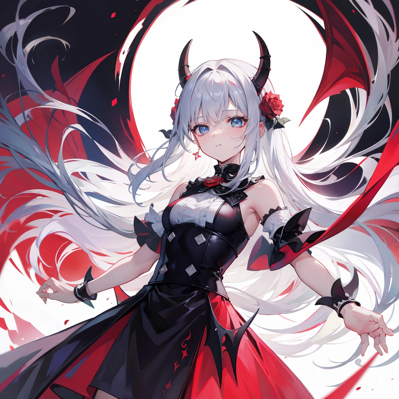 white hair, red eyes, light skin, ((long white hair)), (((battle-axe on back))), black gothic dress, flat chest, ((bored look)), 