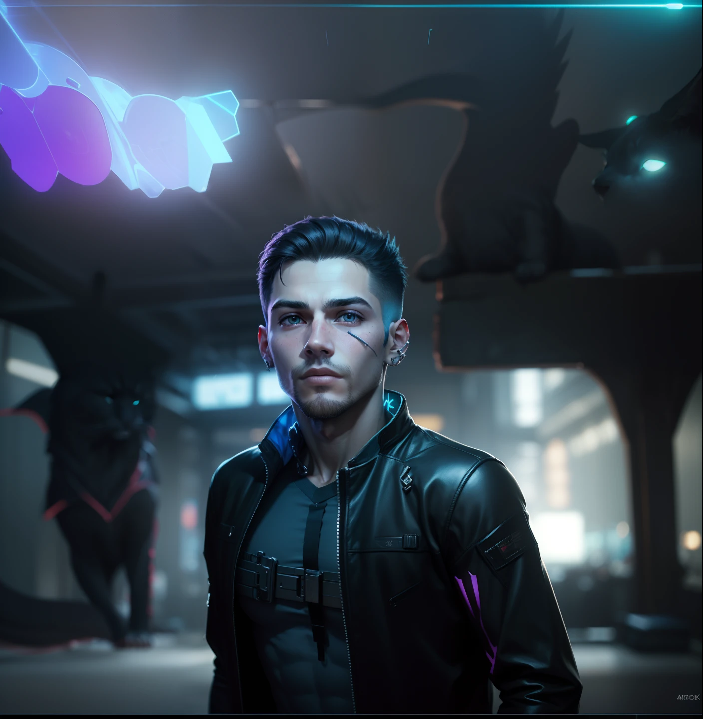cyberpunk handsome boy ultra realistic with cat
