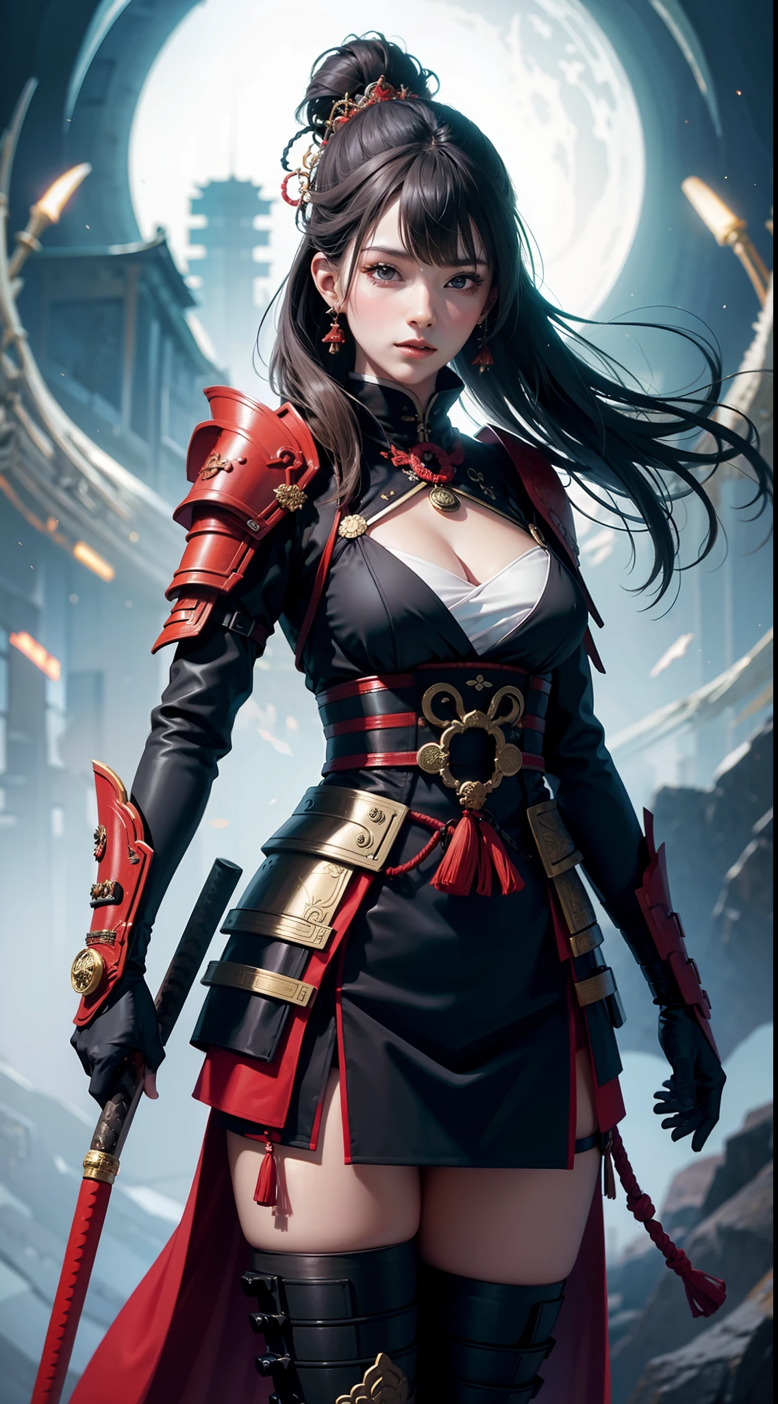 Beautiful woman in intricate Futuristic Samurai Outfit